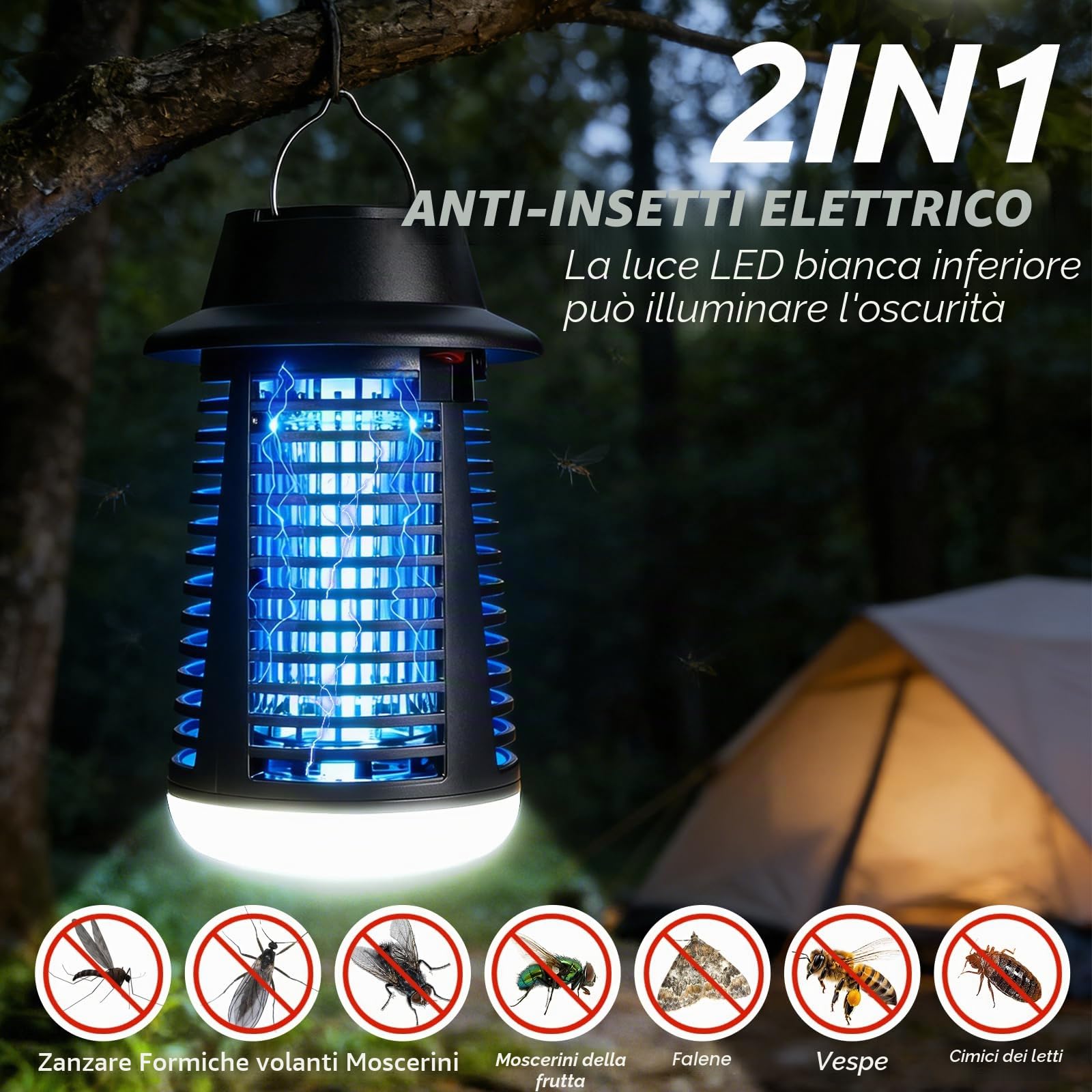 Lampada Antizanzare Elettrica Cable de 1.2m, 4000V 18W UV Zanzariera Elettrica con 9W LED Lampada, IPX4 Antizanzare Elettrico, Lampada Zanzare per Interni ed Esterni