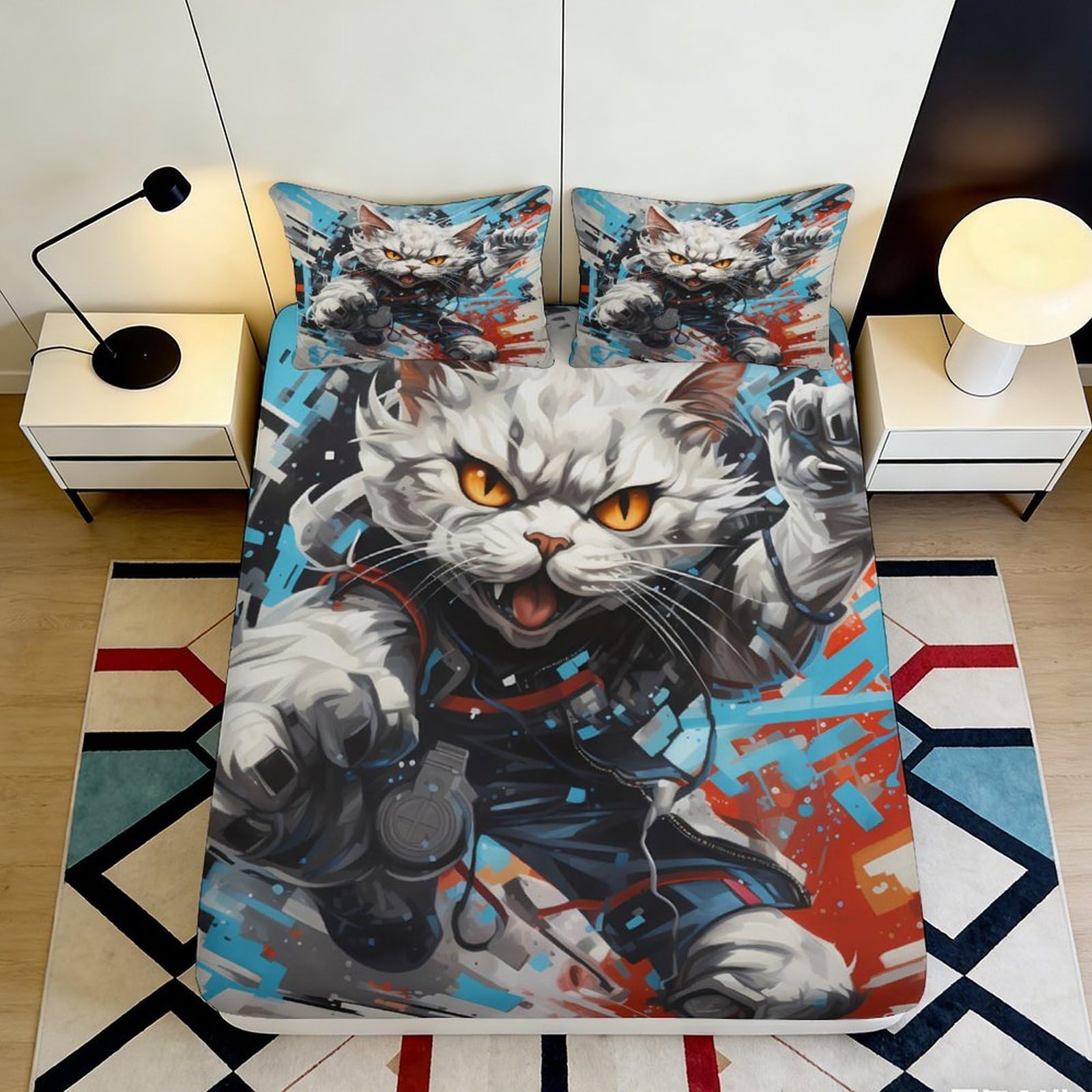 Pnayamiorkfel Style-3 3D Printed Warrior Cat Fitted Sheet Microfiber Artistic Bedroom Decor Graffiti Bed Cover For Home Dorm Guest Room 90X200x25cm