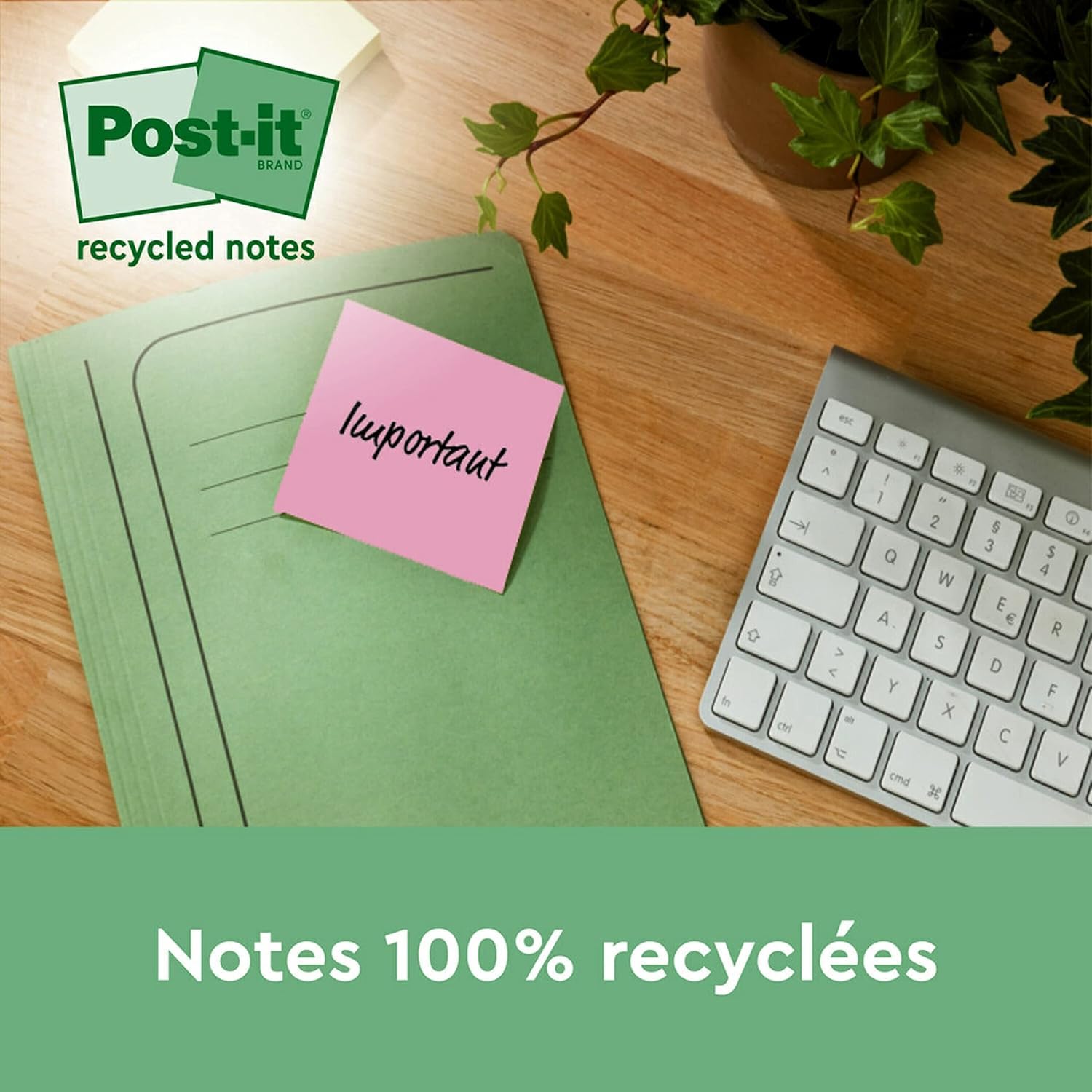 Post-it Notes Autocollantes Super Sticky Recyclés 12 Blocs 70 Feuilles 47.6 mm x 47.6 mm Papier 100% Recyclé