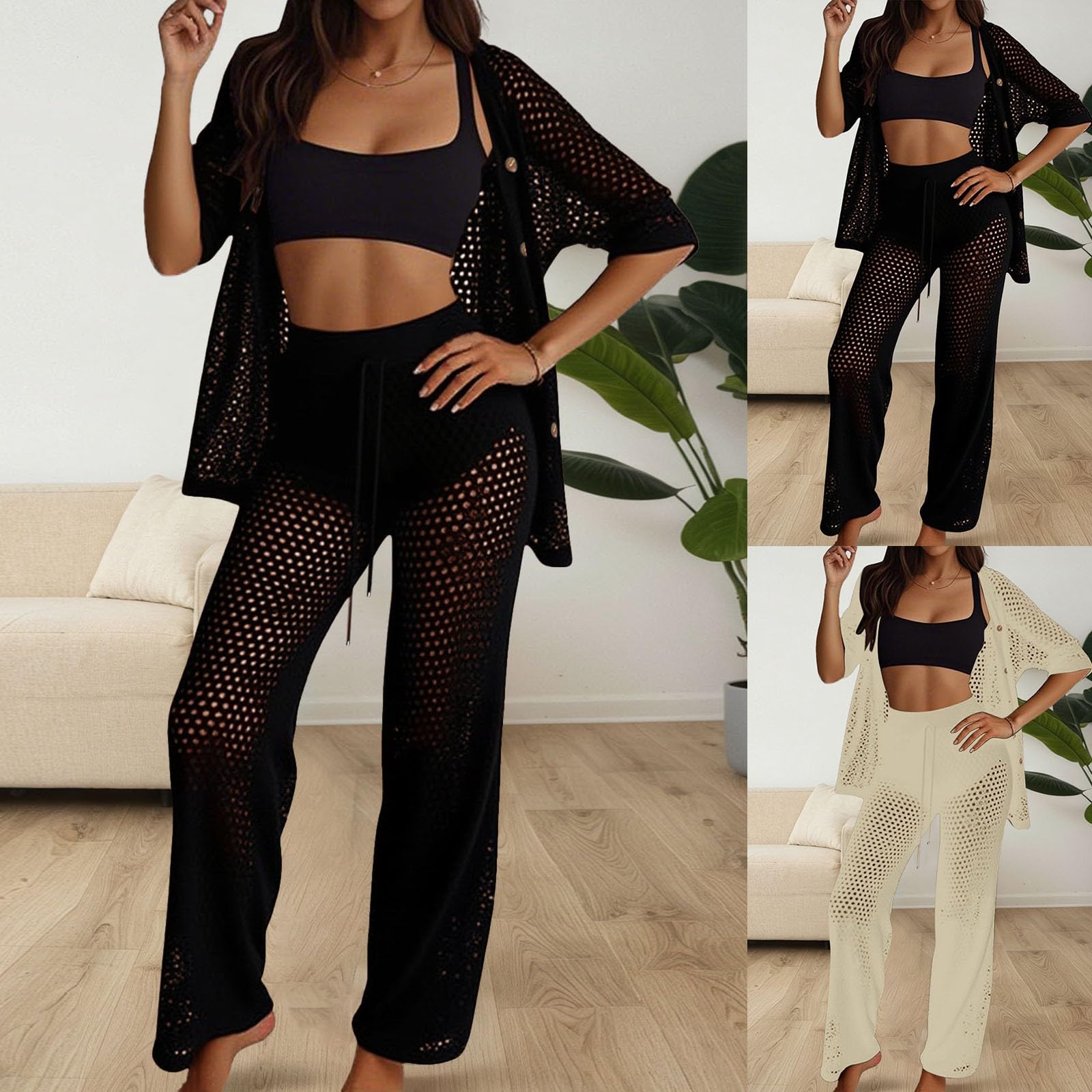 Zweiteiliges Damen Häkel Outfit mit Lochmuster Badeanzug und Knopfleiste Oberteil Weite Hose Transparenter Netzstoff Sommer Outfit als Häkelset Strand Set für Sommer Zweiteiler