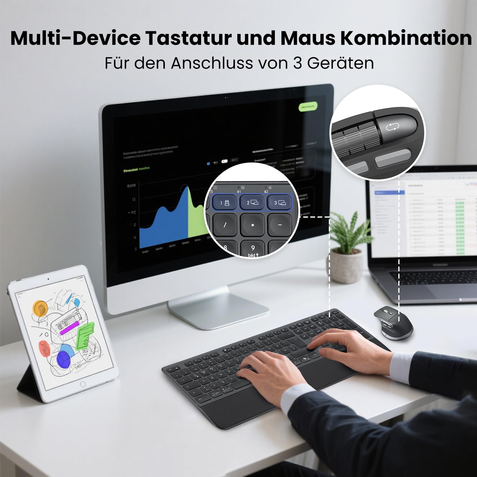 CITLLA M9100 Kabellose Tastatur Maus- Wiederaufladbare Ergonomische Tastatur mit Hintergrundbeleuchtung, Adjustable Ständer und Handgelenkstütze, Hyper Fast Scrolling Maus für Desktop PC Laptop(Grau)