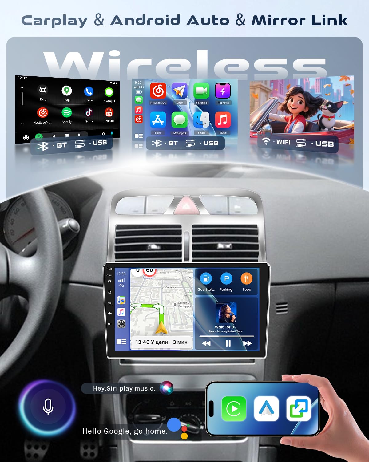 Roinvou Autoradio pour Peugeot 307 2007-2013 sans Fil CarPlay Android Auto MirrorLink, 9 Pouces Écran Tactile Radio avec Bluetooth EQ FM UI SWC Camera de Recul