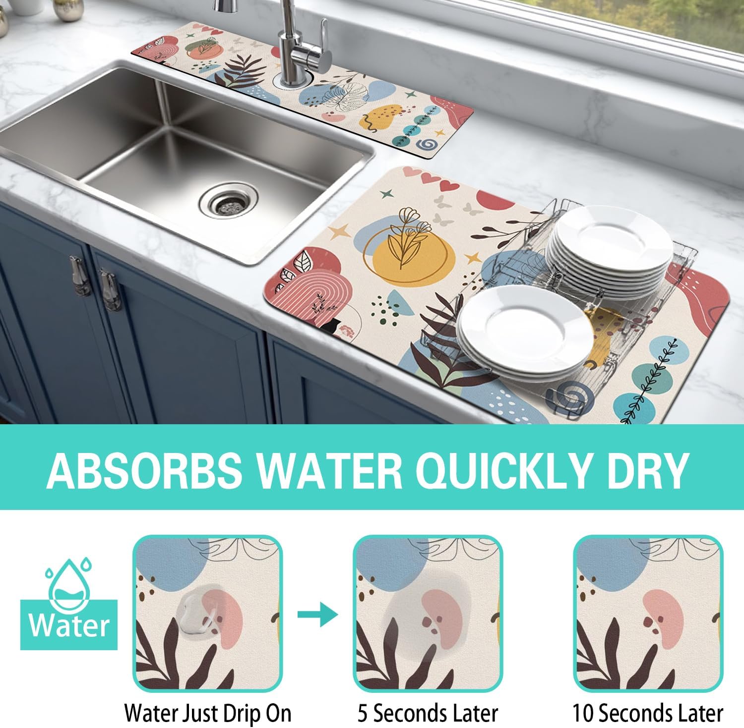 Dish Drying Mat for Kitchen Counter Matt, 2PCS 31.5"x17" Dish Drainer Mat & 24"x5.5" Sink Splash Guard, Super Absorbent Non-slip Rubber Backed