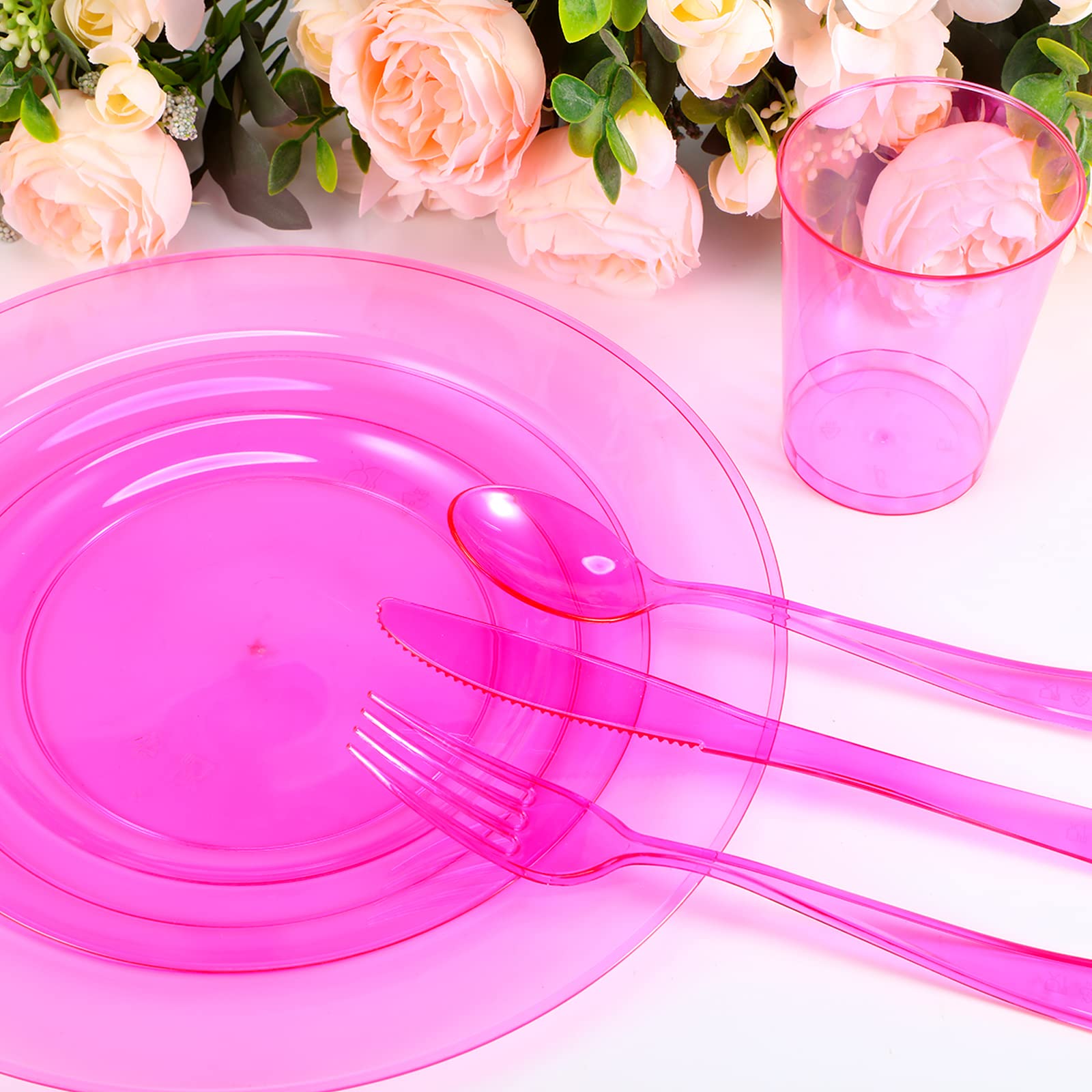 Tanlade 72 PCS Plastic Plates with Disposable Plastic Silverware, Dinnerware Set Include 12 Dinner Plates, 12 Dessert Plates, 12 Forks, 12 Knives, 12 Spoons, 12 Cups for Birthday Wedding Party (Pink)