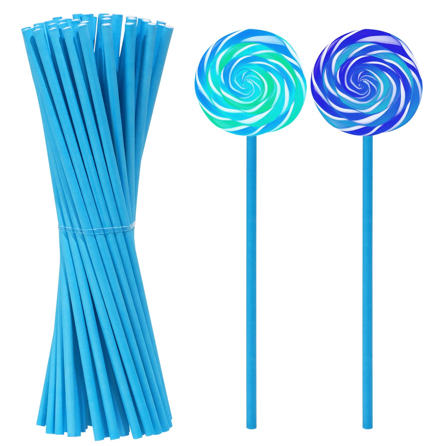50 palitos de papel para piruletas, dulces para Navidad, fiesta de cumpleaños, decoración de pasteles, cupcakes, caramelos, galletas, postres, chocolate (azul, 3,5 x 150 mm)