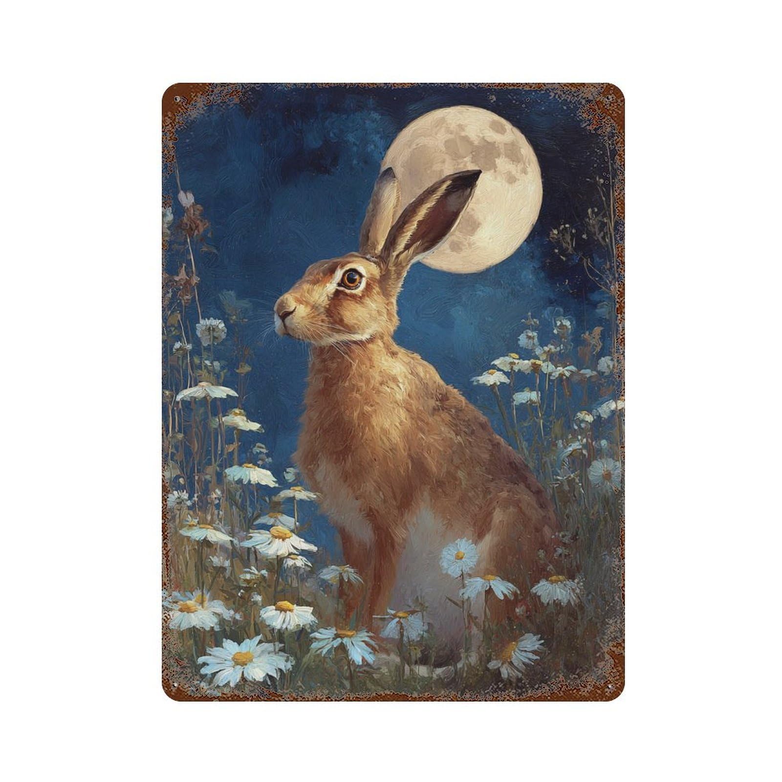 Moonlit Hare in Daisy Field Retro Metal Sign 15.7"x11.8", Decorative Metal Wall Art for Garage, Bar And Workshop Decor
