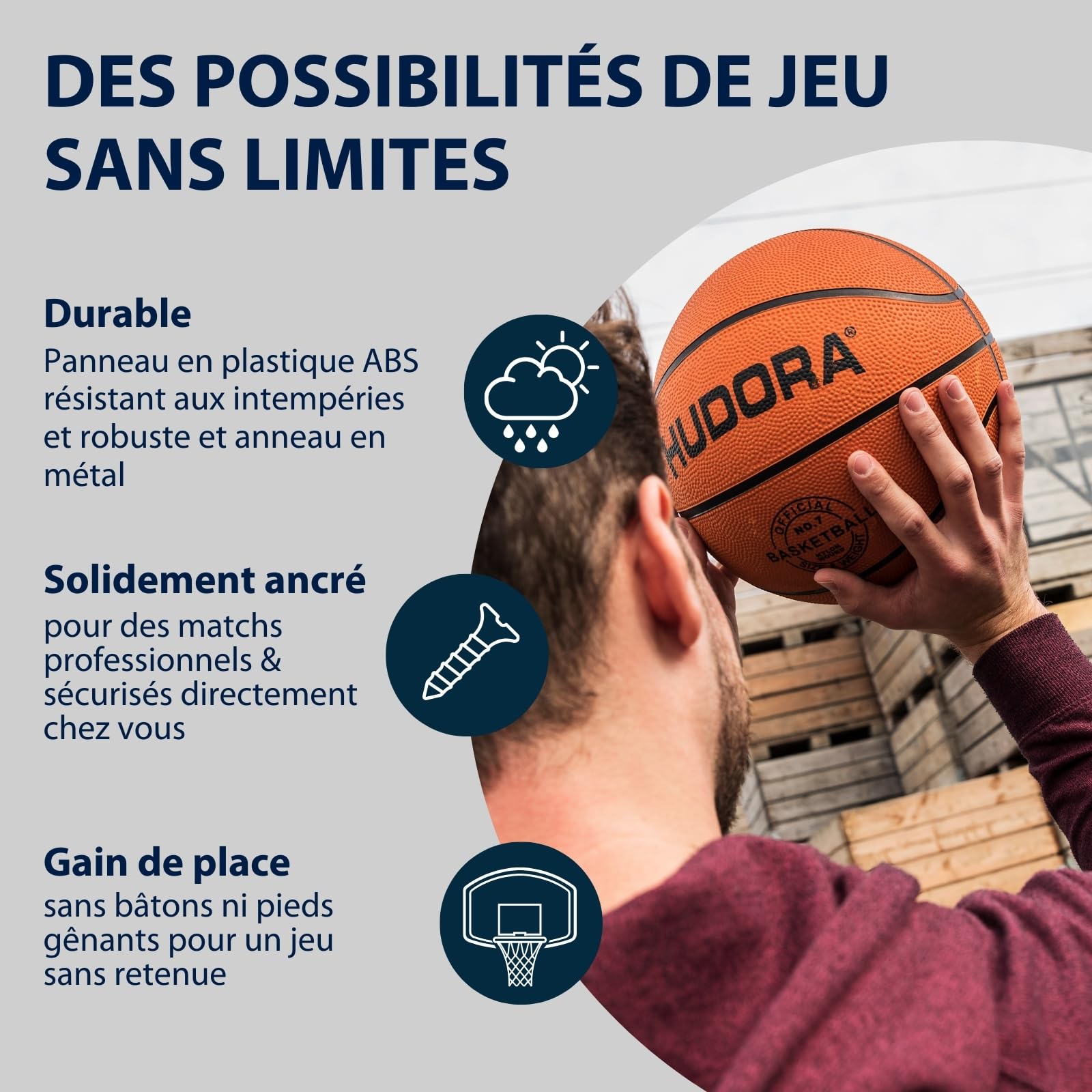 Hudora Kit de panier de basket pour l'intérieur et l'extérieur avec planche, panier de basket avec matériel de fixation murale, planche de basket-ball et panier pour adultes/adolescents et enfants