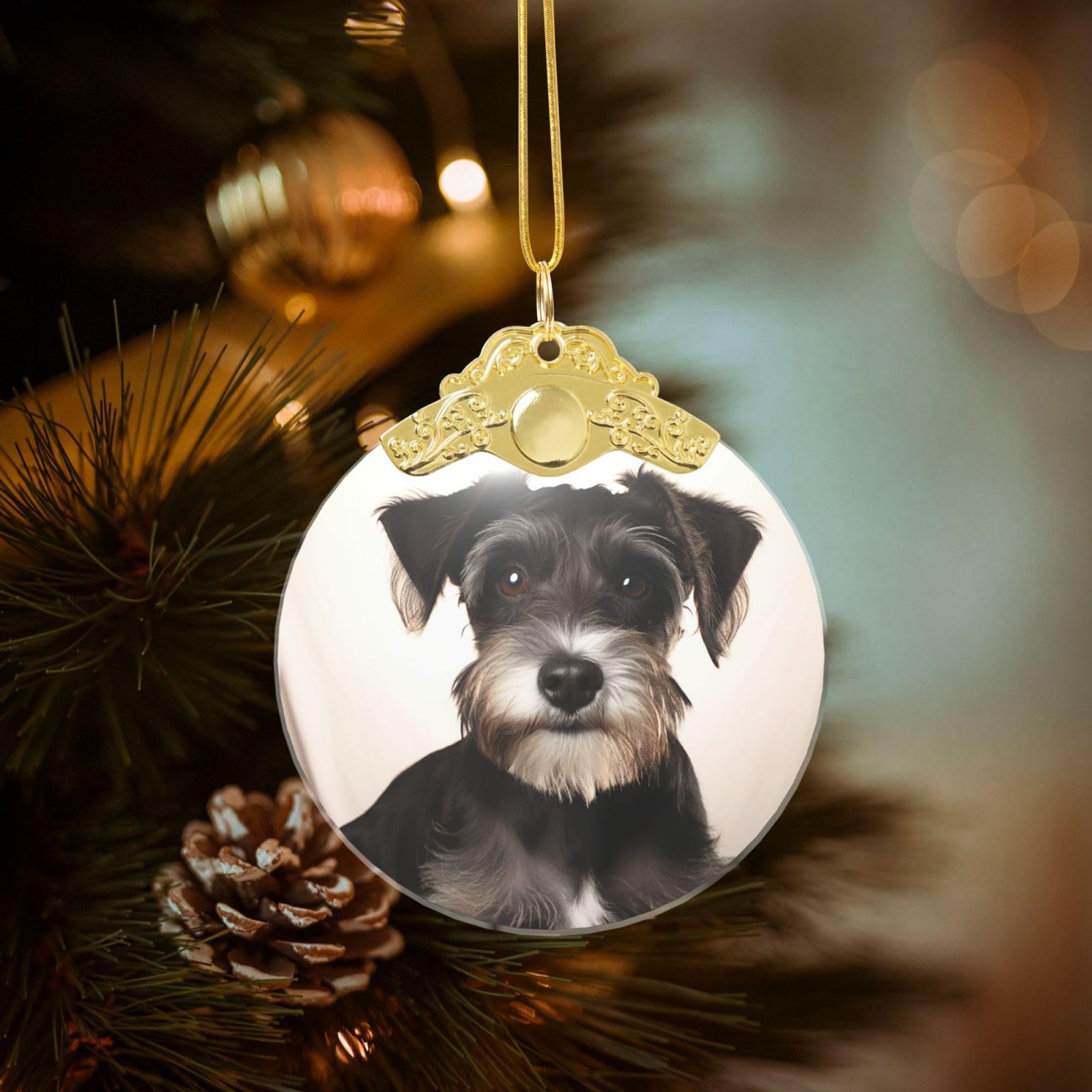 Crystal Christmas Ornaments for Christmas Tree Decoration Hanging Cute Schnauzer Ornament with Gold Ribbon Crafts Round Pendant for Keepsake Gifts Glass Xmas Decor Party Supplies