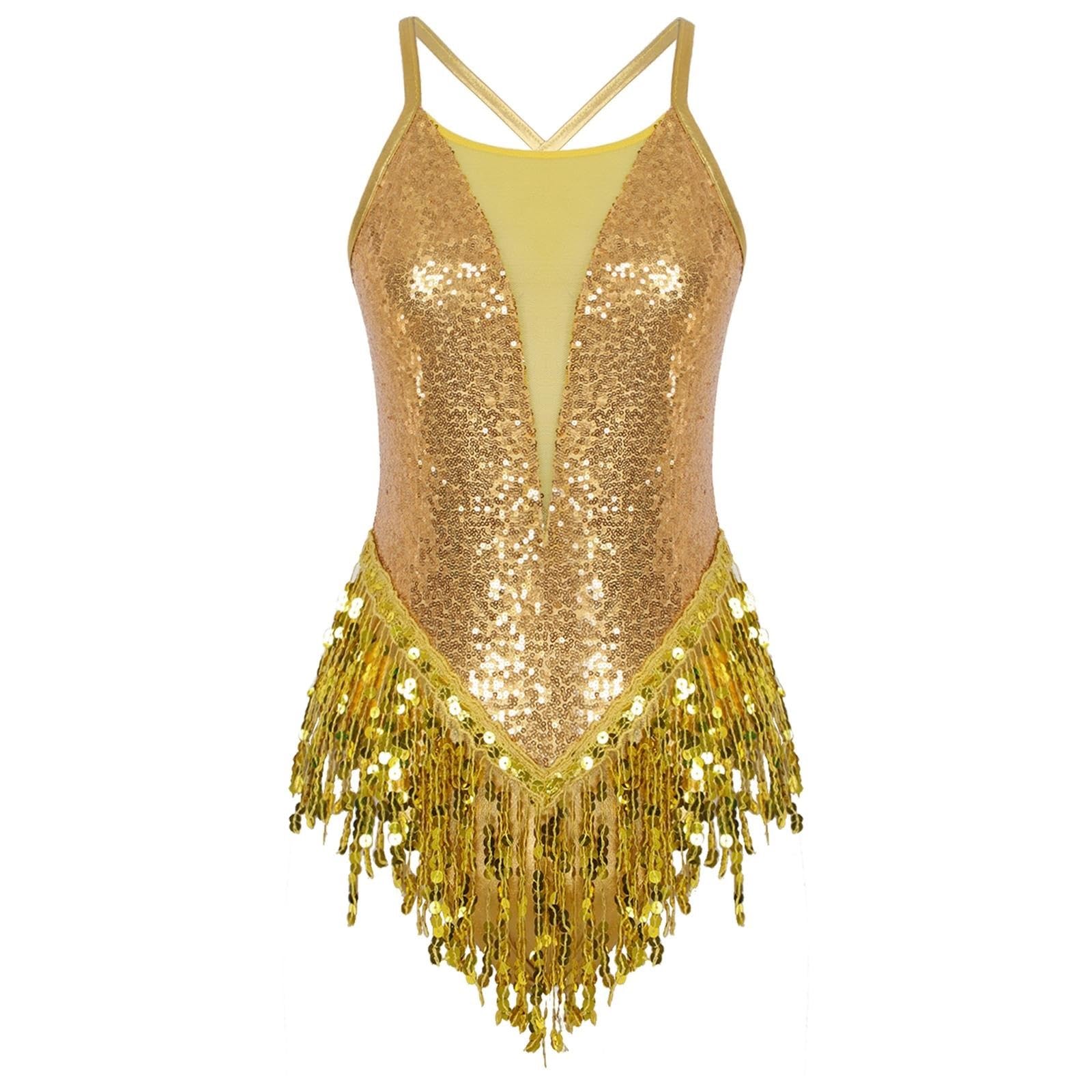 Abbigliamento da Ballo Latino Abito da Ballo Latino Donna Paillettes con Frange Costume da Tango Abito da Competizione Professionale Samba Cha-cha Abito da Spettacolo teatrale(Gold,M)