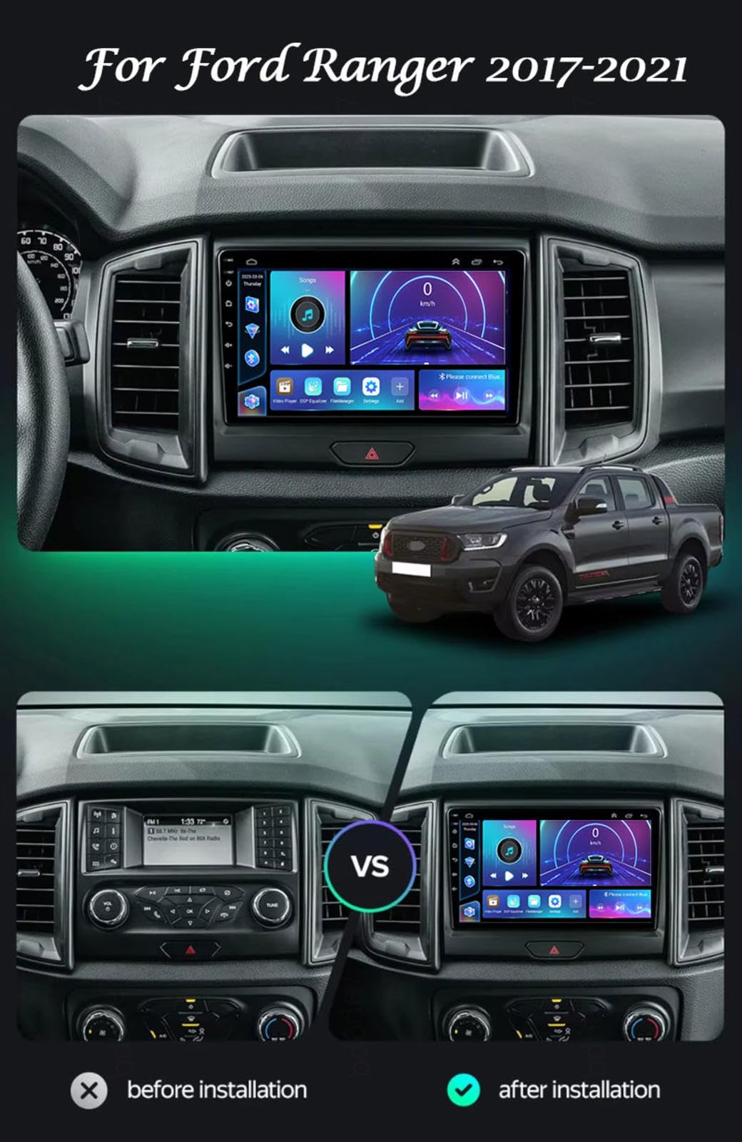 Android 15 Autoradio-Video-Multimedia-Player, 9-Zoll-Touchscreen-Radio für Ford Ranger 2017-2021 Plug-and-Play-Autozubehör mit Bluetooth und Navigation und Rückfahrkamera,HM602