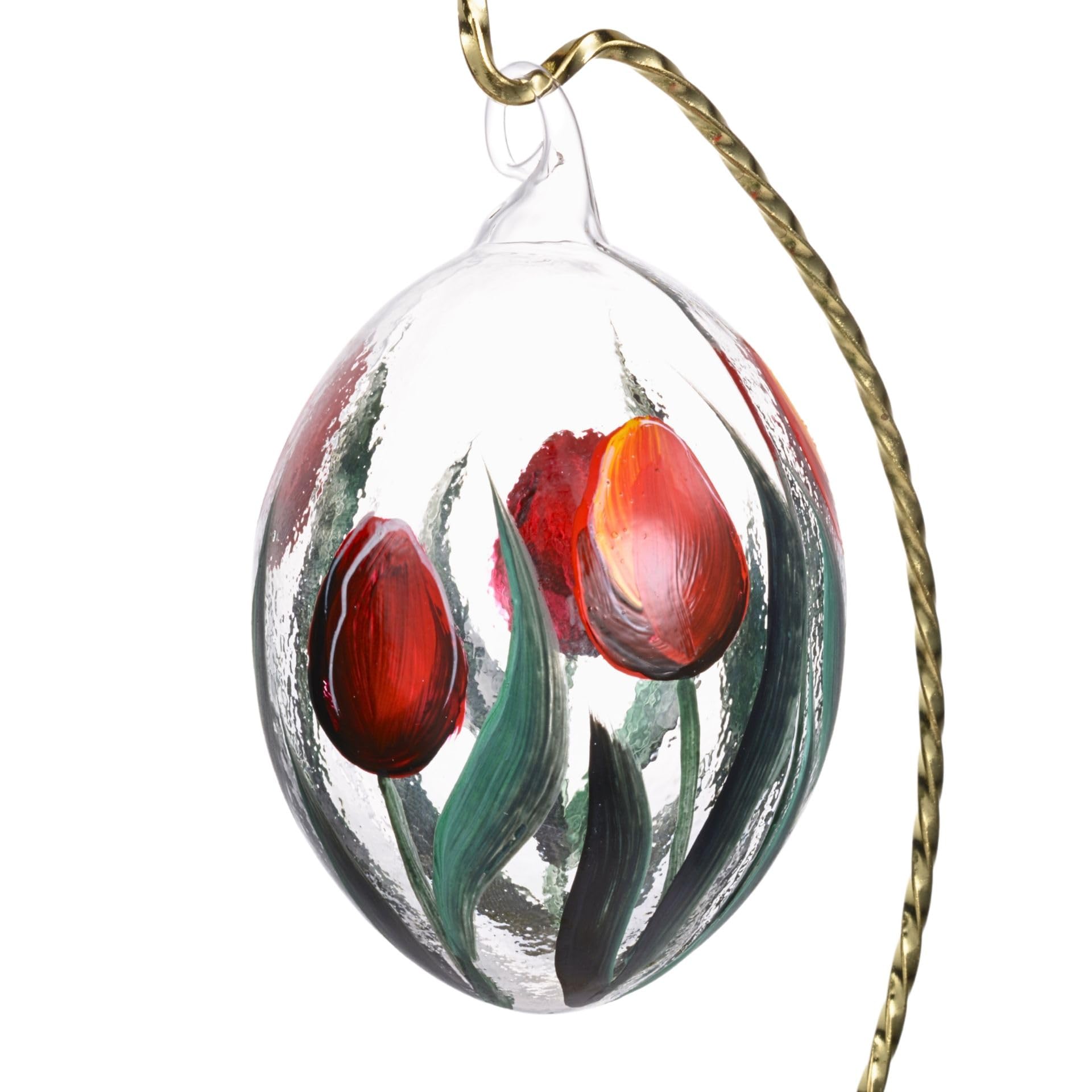 Uovo di Pasqua ornamentale in vetro soffiato a mano con tulipani rossi