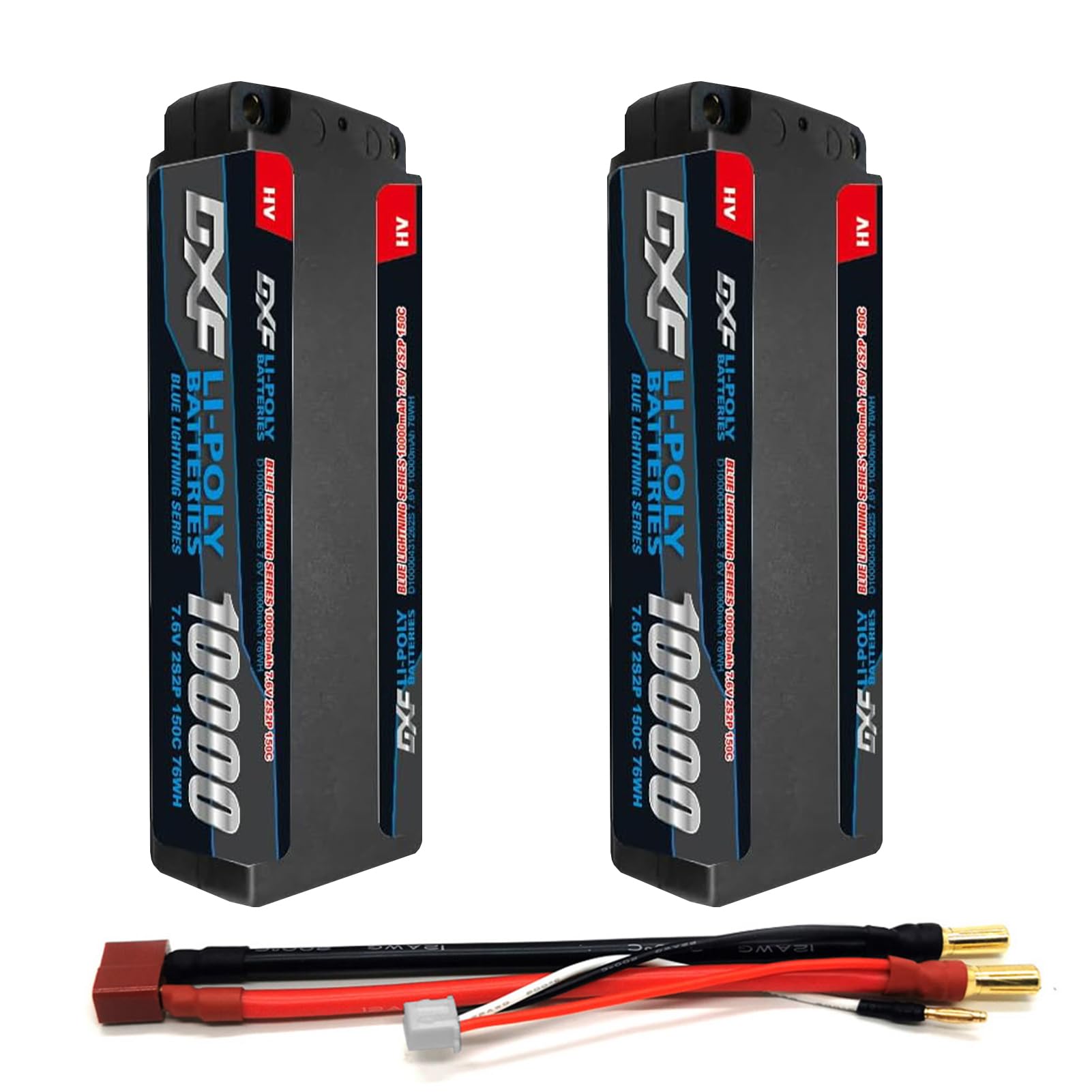 DXF 2S Lipo Battery - Power Pack for R/C Models: 2 Packs, Lipo 2S 7.6 V, 10000 mAh, 150C Discharge, 5.0 mm Bullet to T Plug - Lipo Battery Perfect for 1/8 and 1/10 Cars from Losi, HPI, Axial & More