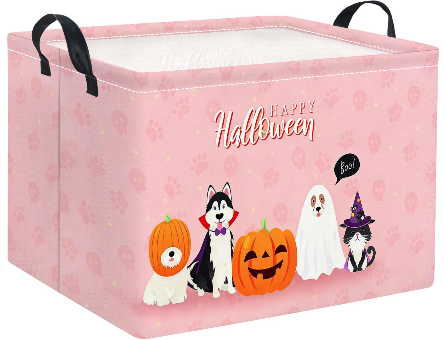 Halloween Basket Cute Baskets for Kids Pumpkin Basket Rectangular Storage Bin Organizer Box Room Decor(Pink Dog Halloween)