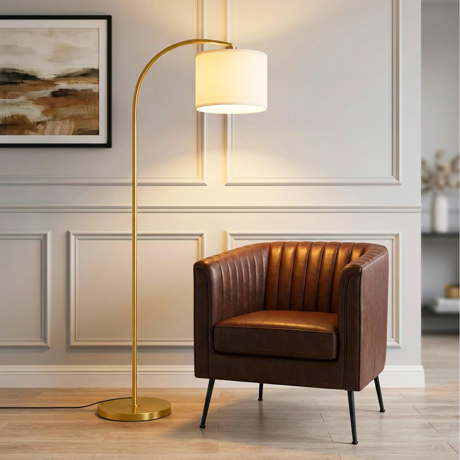 Lampada Da Terra Ad Arco 157 cm, Testa Orientabile, E27, Oro | Paralume in lino, lampadina LED 12W a 3 tonalità inclusa, interruttore a pedale, base stabile in metallo