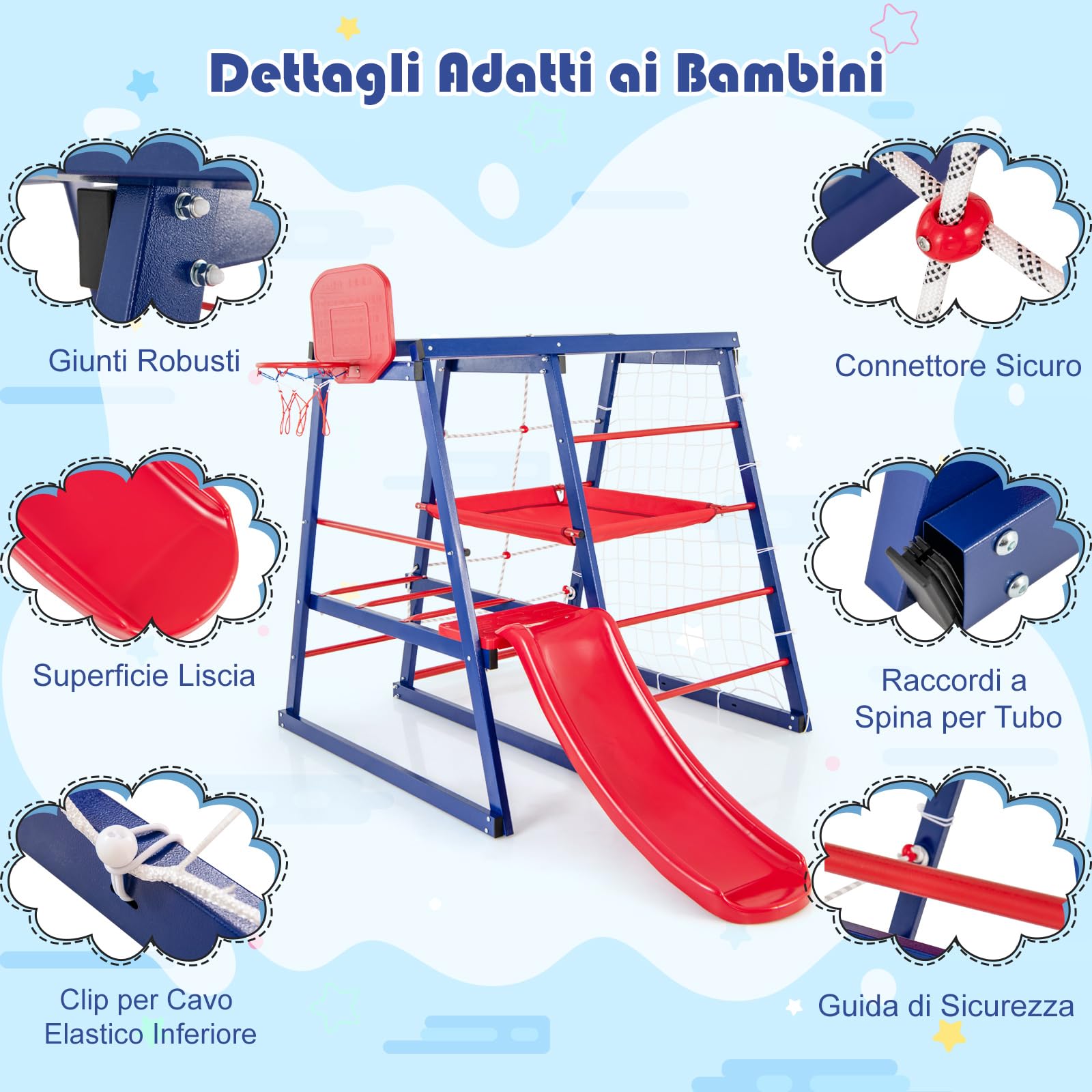 GYMAX Parco Giochi 7-in-1 per Bambini, 150x142x146 cm, Set di Giocattoli con Scivolo, Rete da Arrampicata, Scala, Canestro da Basket e Porta da Calcio, Centro di Attività Interni Esterni, 3-7 Anni