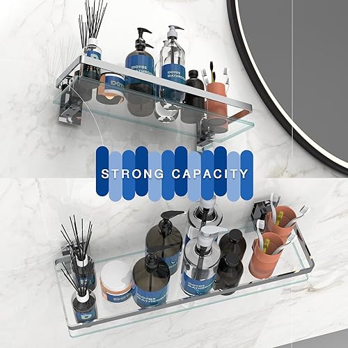 Miniatura 4 de Estante de vidrio para baño montado en la pared, rectangular de acero inoxidable templado de vidrio templado moderno estantes de baño de acero