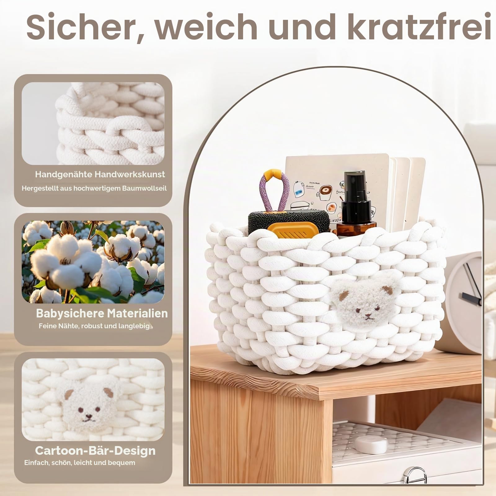 2 Stück Aufbewahrungskorb Geflochten Baumwolle Strickkorb, 20x15x13 cm Aufbewahrungskorb Klein, Häkelkorb Badezimmer Organizer, Burr Basket für Kinderzimmer, Bad, Schränke (Weiß)