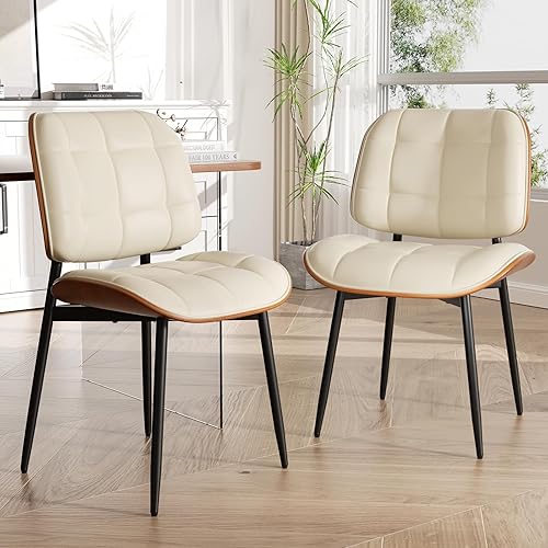 Juego de 2 sillas de comedor, silla de comedor de mediados de siglo moderna con cojín grueso, sillas de cocina tapizadas con piel sintética y