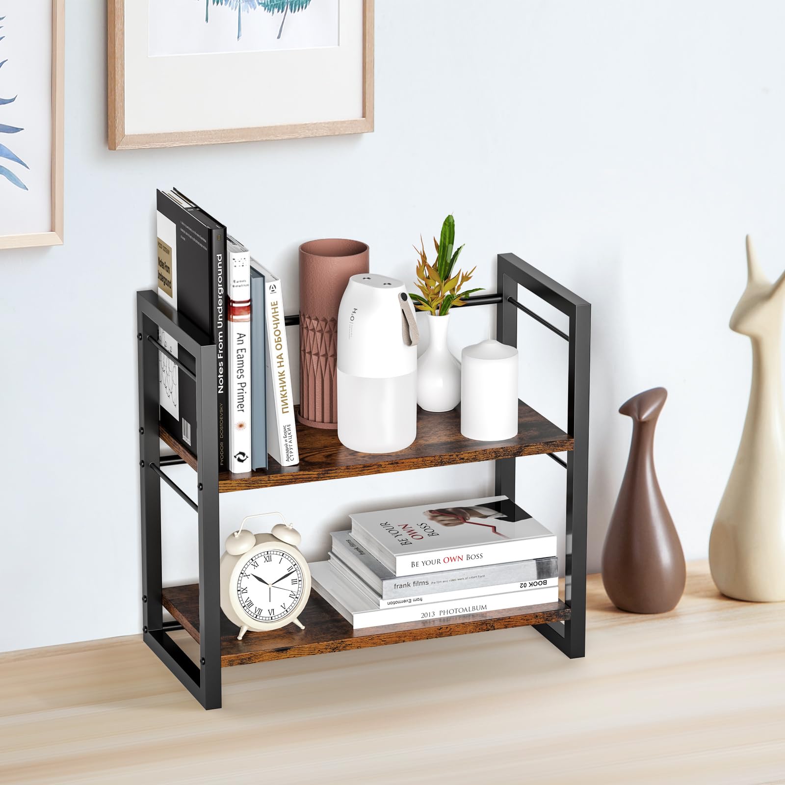 THYGIFTREE Office Desk Shelf Organizer, Wood Desktop Bookshelf Supplies Storage Rack, Shelf for Top of Desk and Dresser (BROWN) - Image 2