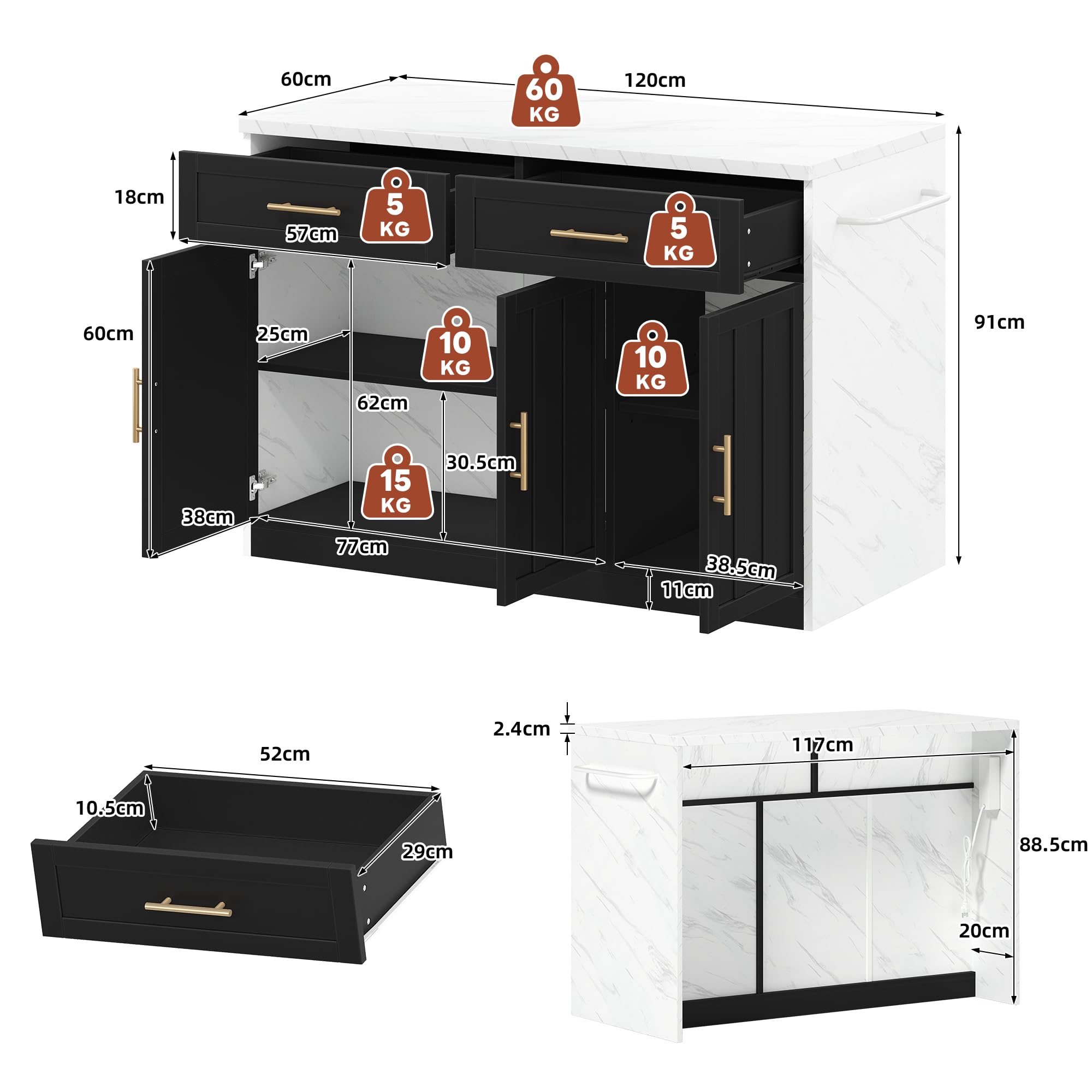 SACOOL 120 x 60 x 91 cm, isola da cucina, prese, porte USB, cavo di alimentazione lungo 1,5 m, ripiani regolabili, maniglie in metallo, porta asciugamani, zona bar, adatto per appartamenti
