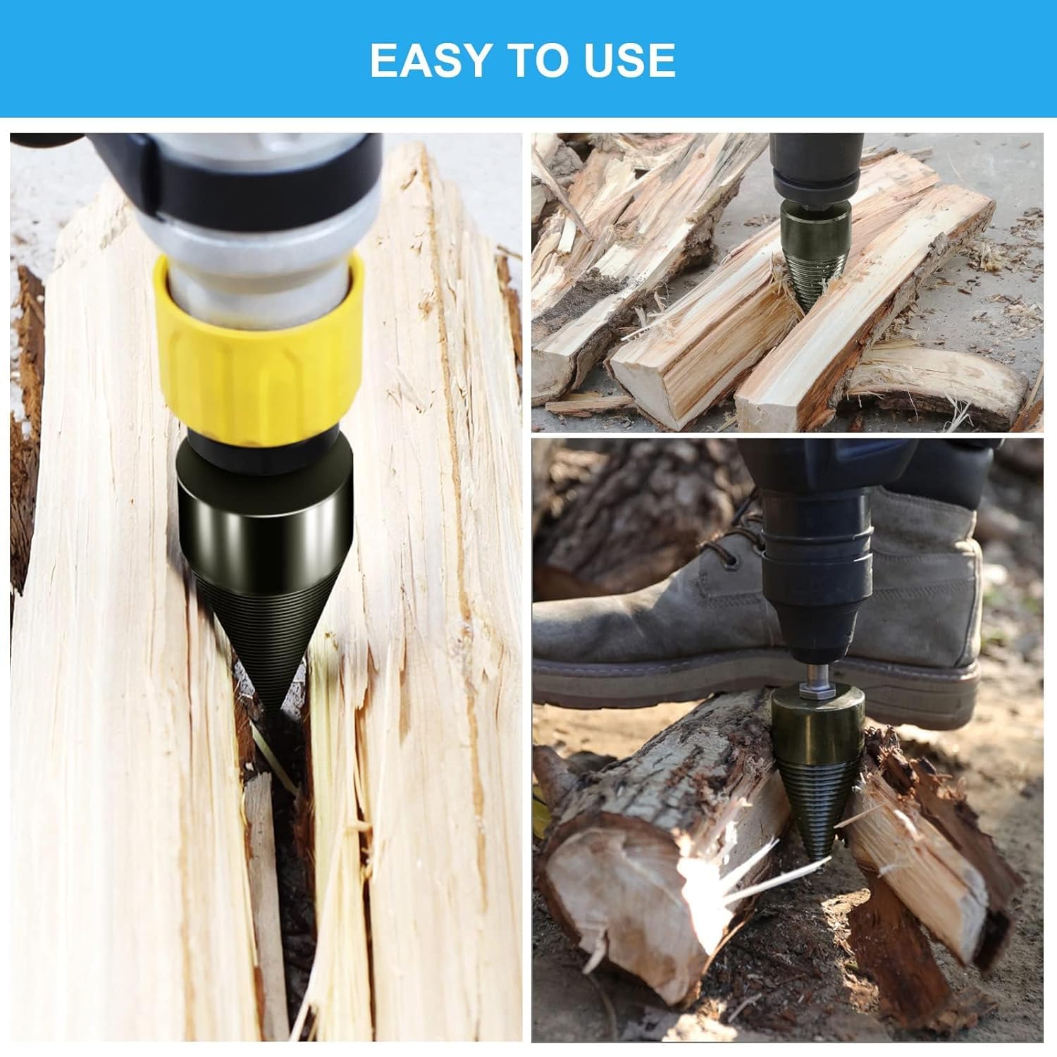 Foret à Bois pour Fendre du Bois, 32mm+42mm Fendeur de Buche, Foret Conique avec 6 Poignées pour Perceuse Électrique