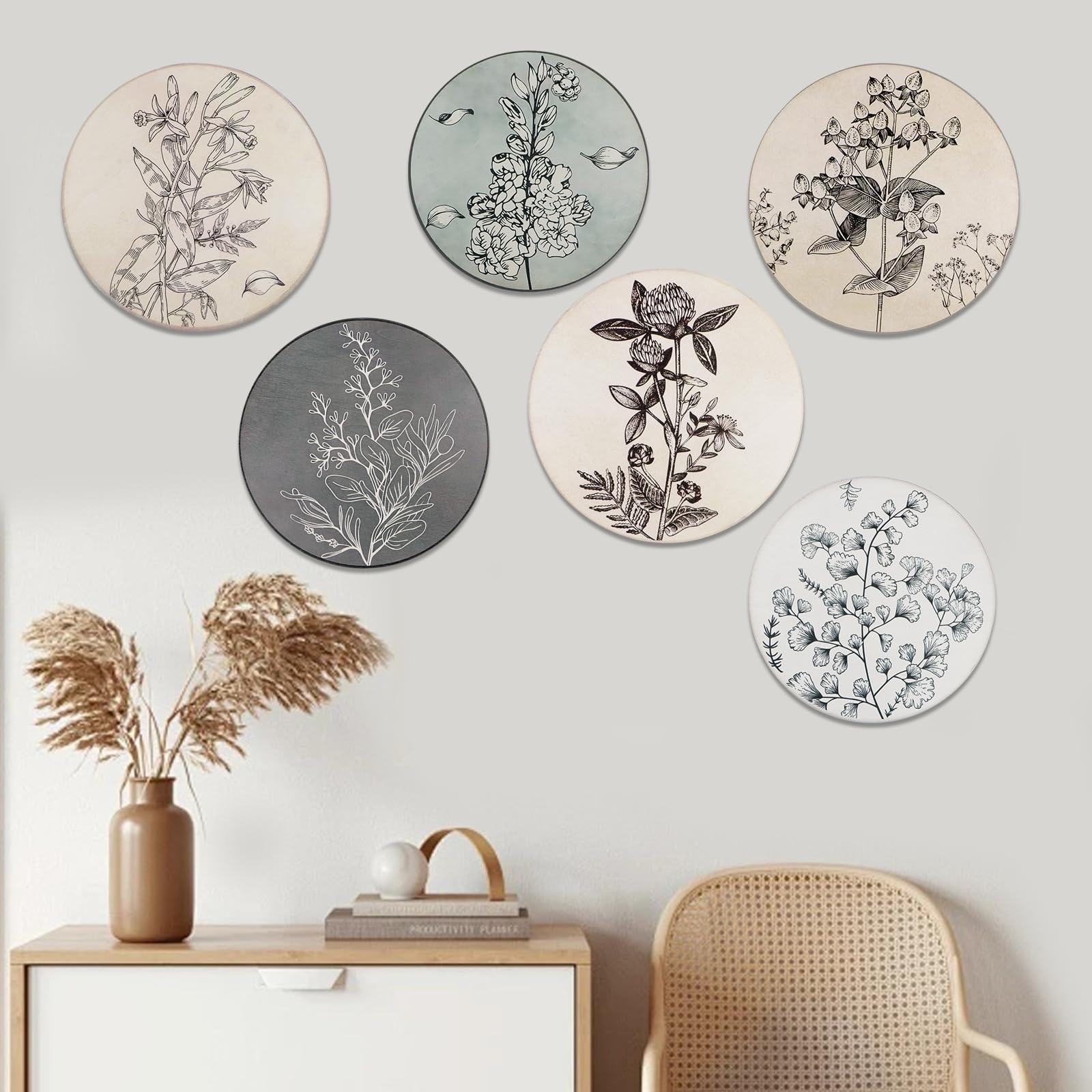 YiYa 6 Pieces Boho Wooden Wall Art Deco Round Wall Art Minimalist Hanging Art Wall Decor Boho Home Decor for Farmhouse Bedroom Living Room Office (Round)