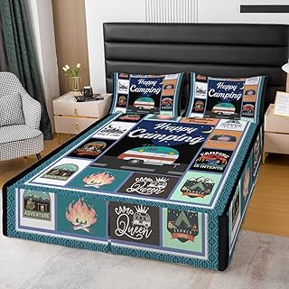 Camper Happy Camping Bed Skirt King,Geometric Plaid Patchwork Bedskirt 3pcs for Kids Teens RV Traveler Room Decor,Adventure Bed Wrap Bedding,Rustic Fitted Sheet with 2 Pillowcases