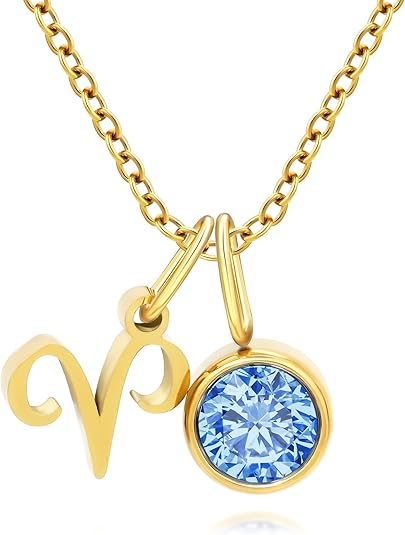Initial Birthstone Necklace for Women - Personalized Gifts Birthday Gifts for Women Stainless Steel 18K Gold Plated Dainty Gold Zodiac Sign 12 Constellation Horoscope Necklace Jewelry
