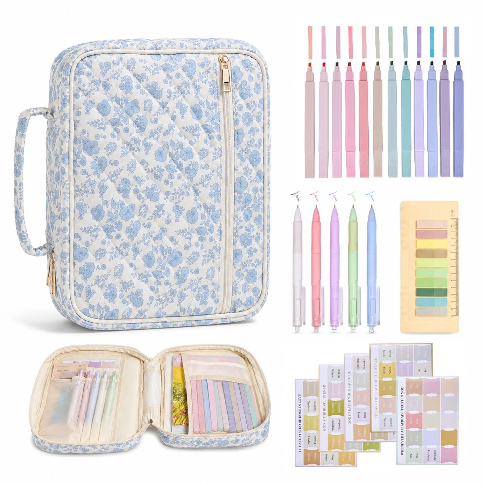 Bible Study Supplies with Bible Case, Bible Journaling Kit with 12 Colored Highlighters, 5 Ballpoint Pens, 75 Bible Tabs and Sticky Notes, Multifunctional Bible Bags for Women Christian Gifts