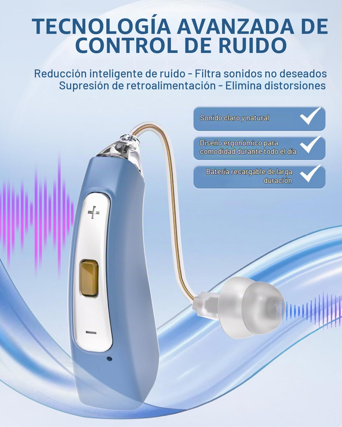 Dispositivo de sonido recargable con filtro de ruido – Batería de 30 horas – Dispositivo de sonido discreto para personas mayores – Fácil manejo