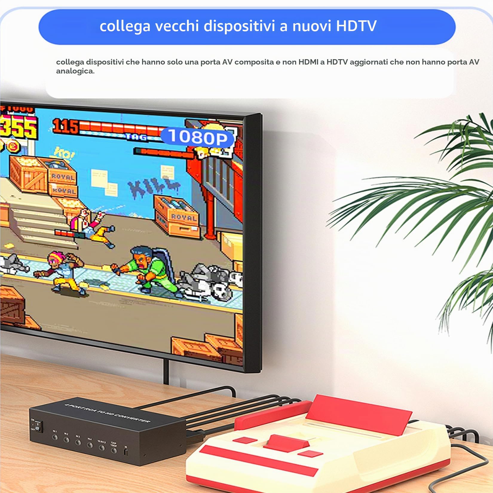 Convertitore da RCA a HDMI 4 AV (rosso, giallo bianco) in adattatore HDMI out, adattatore audio video composito RCA a HDMI1080P/720P, con telecomando e alimentazione, per Wii/TV/PC/PS3/STB/Xbox VHS