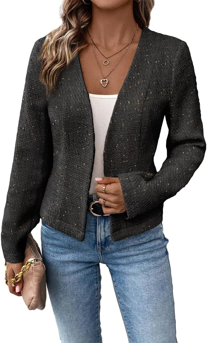 Mina Self 2026 Spring Women's Tweed Blazer Jacket - Collarless Open Front Fully Lined Elegant Fitted Fashion Casual Work Coat - Image 2
