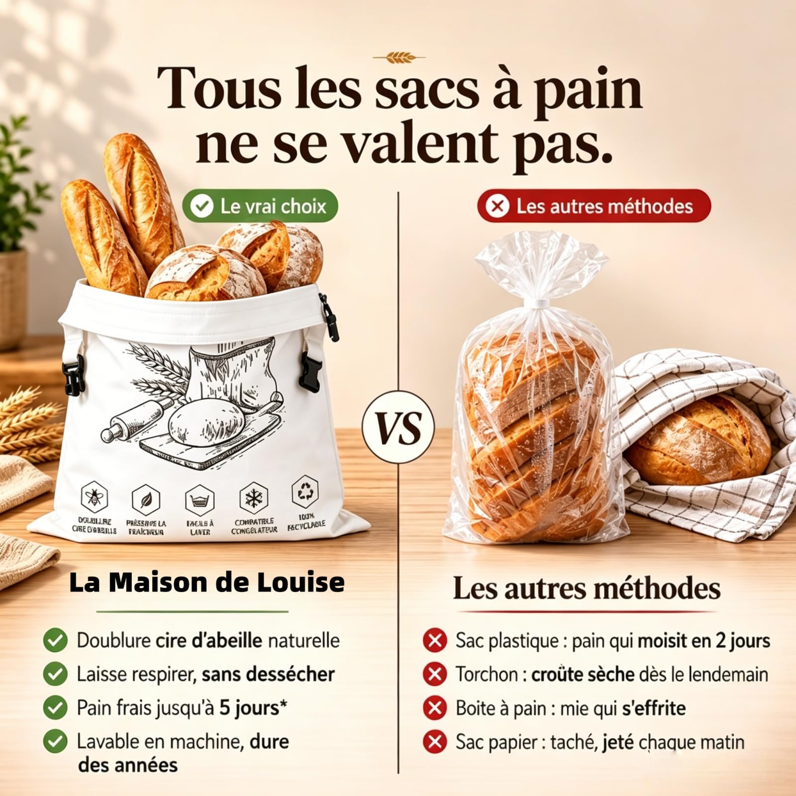 La Maison de Louise Sac a Pain,Sac à Pain La Maison de Louise,Sac à Pain en Cire d'Abeille Réutilisable,Sac de Conservation en Coton Naturel 43×33cm,Réutilisation,Conservation Longue Durée