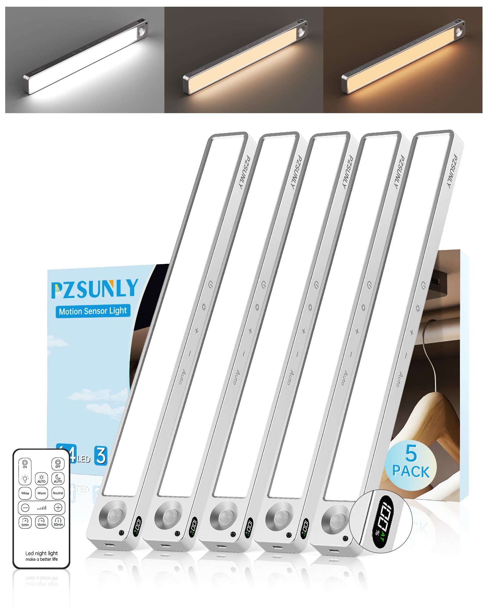 PZSUNLY 5 Stück Unterbauleuchte Küche LED mit Batterieanzeige - Schrankbeleuchtung mit Bewegungssensor & Fernbedienung, 2200mAh Touch Dimmbar USB Küchenlampe für Schränke, Schlafzimmer - Silber