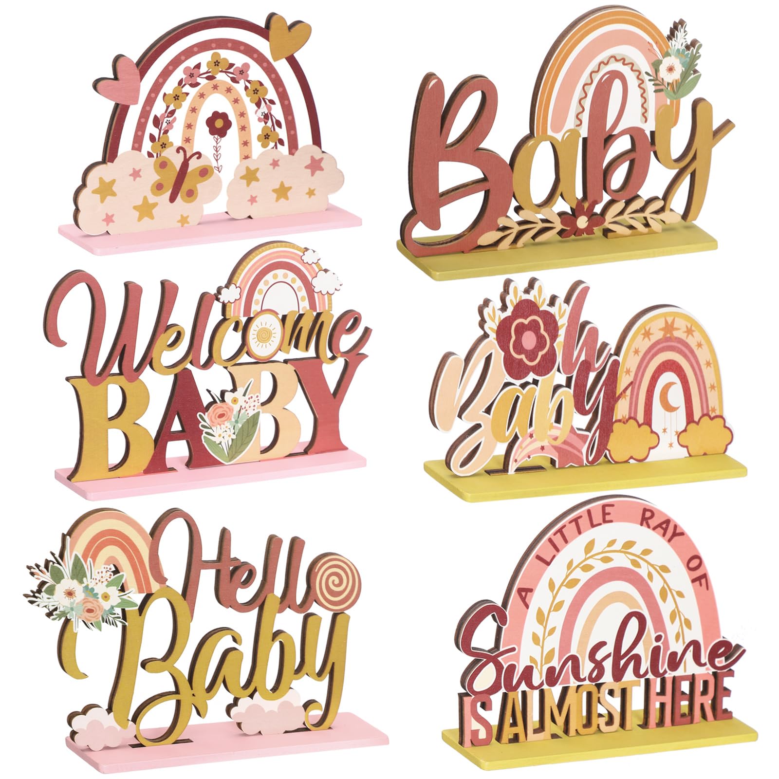 6 Pcs Boho Rainbow Wooden Table Centerpieces Boho Table Rainbow Decor Baby Shower Sunshine Decorations for Boys Girls Baby Birthday Party Photo Prop Supplies