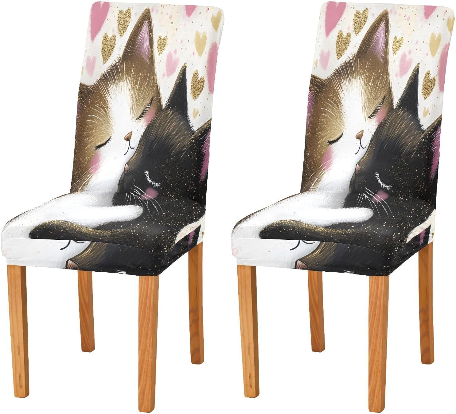 ALAZA Chair Covers for Dining Room, Two Cat Love Stretch Chair Cover Sets Chair Protector Removable Washable for Ktichen Restaurant Hotel