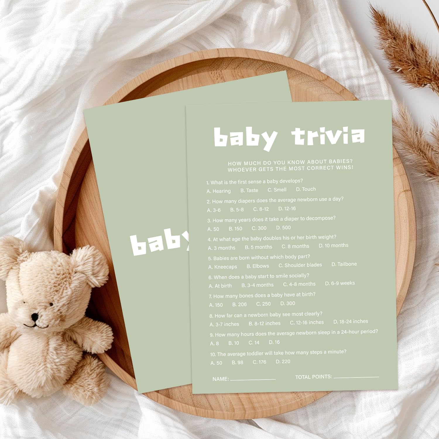 Zestawy kart do gier na baby shower, minimalizm szałwiowa zieleń dziecka ciekawostki karty do gier dla chłopców lub dziewcząt, 30 kart do gier i 1 karta odpowiedzi, ujawnienie płci artykuły