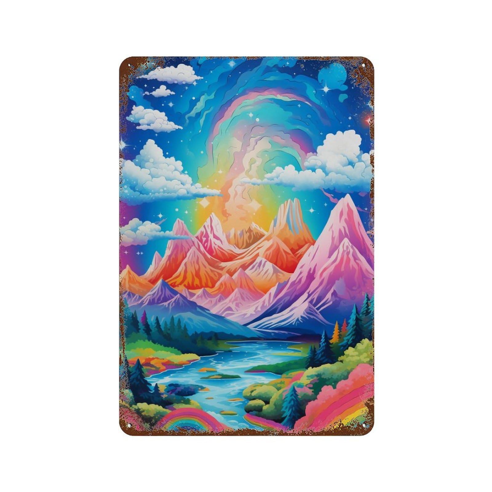 Vintage Rust Metal Sign with Rainbow Mountains Fantasy Landscape Design 11.8"x7.9", for Office, Studio And Wall Decor, Farmhouse Wall Decor