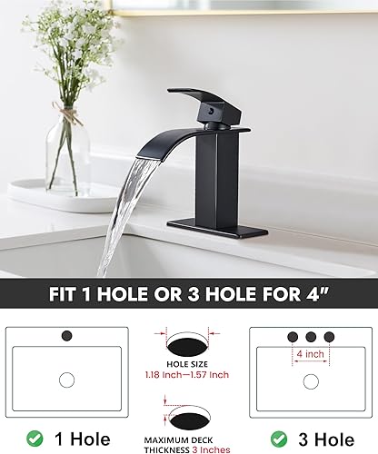 Miniatura 4 de Midanya Grifo de lavabo de baño negro mate con boquilla de cascada de un solo mango para montaje en cubierta de 1 agujero grifo mezclador de agua