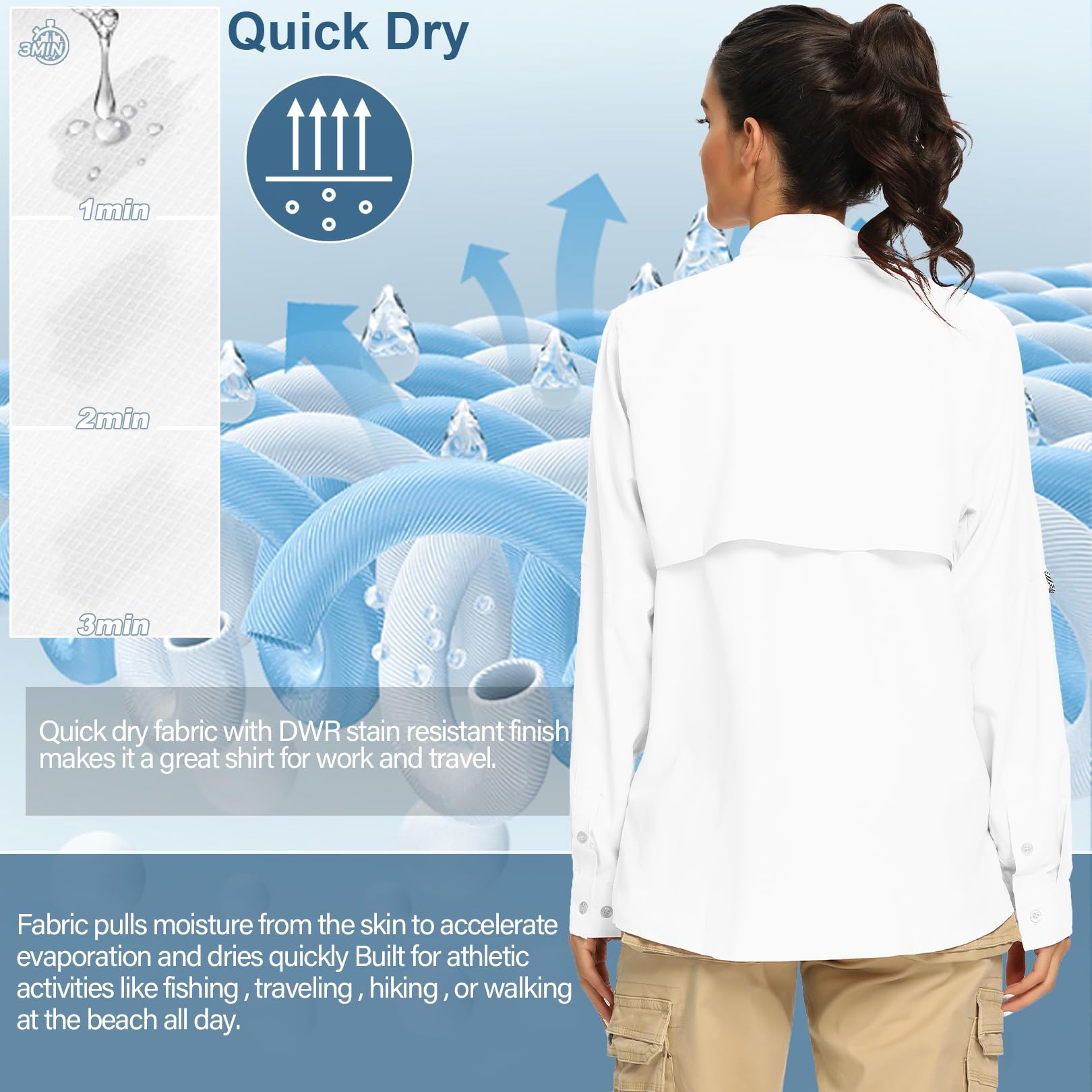 Camisas de safari de manga larga UPF 50 para mujer, protección solar UV, secado rápido, para pesca, senderismo, viajes