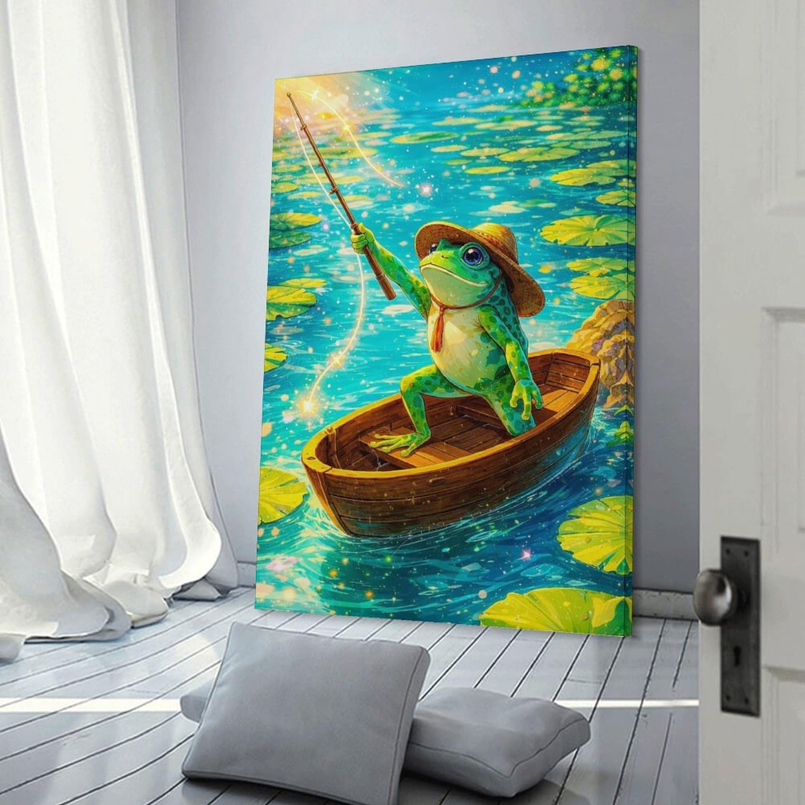 Junmoney Frame-Style-23-1 Frog Fishing In A Boat Decorative Wall Artwork, 24X36inch(60X90cm), For Work Areas, Reading Rooms Or Studios, Wall Art That Adds Style To Work Areas