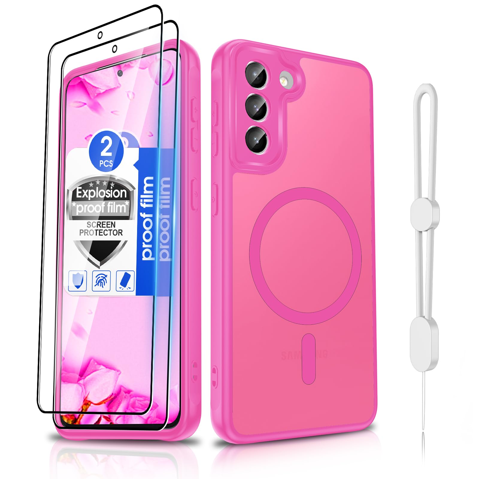 Dizn Magnetic for Samsung Galaxy S21 Case:with [2 Pack Screen Protector],Phone Lanyard,Compatible with MagSafe,Military Grade Shockproof Protective S21,Funda para 6.2-Inch Samsung S21 5G,Rose Red