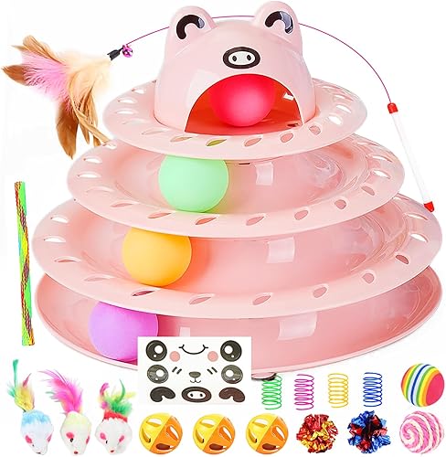 Miniatura 8 de Juguetes para gatos, pista de bola giratoria de 4 niveles, juguete interactivo para gatos de interior, rodillo divertido con bola giratoria