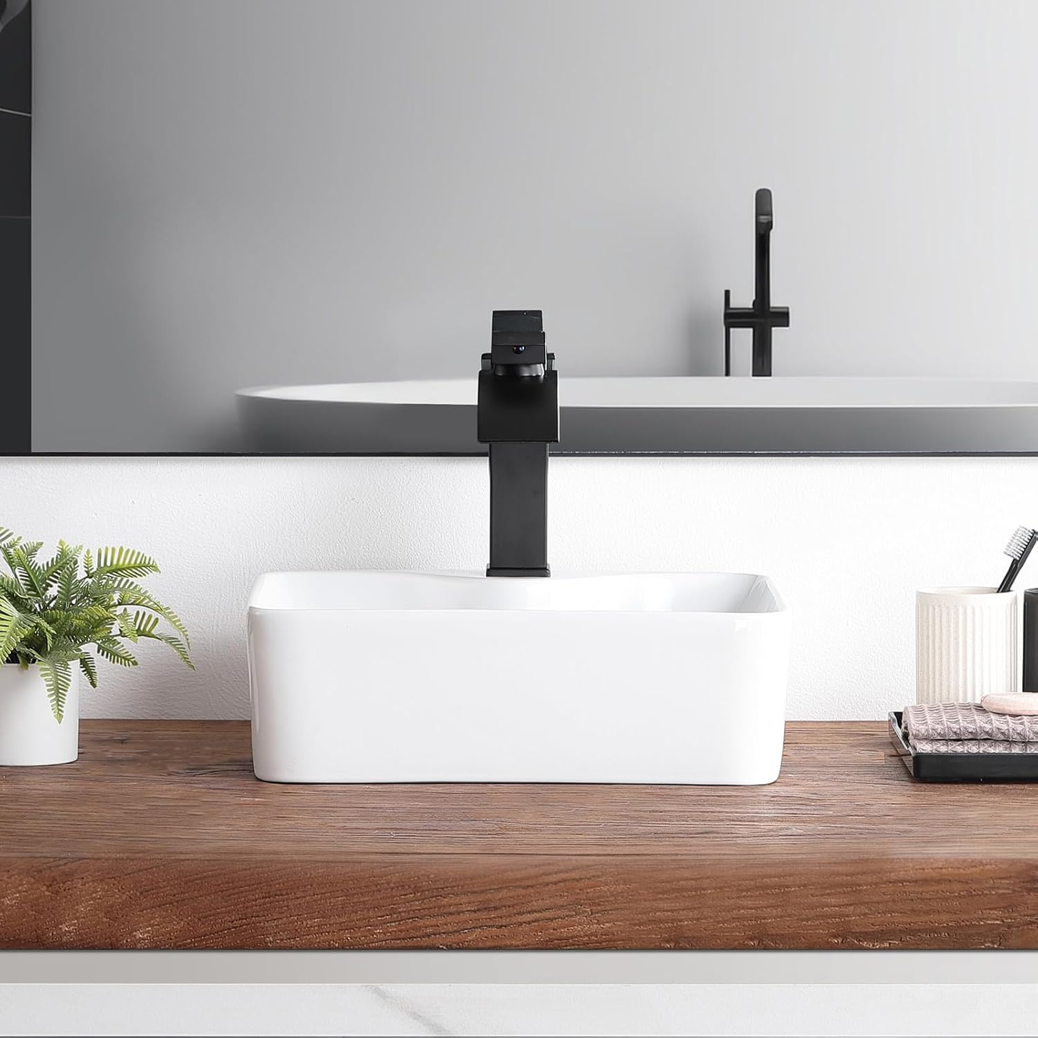 Bathroom Vessel Sink 16"x12" Rectangular White Ceramic Small Sink with Faucet Hole Modern Above Counter Bathroom Sinks
