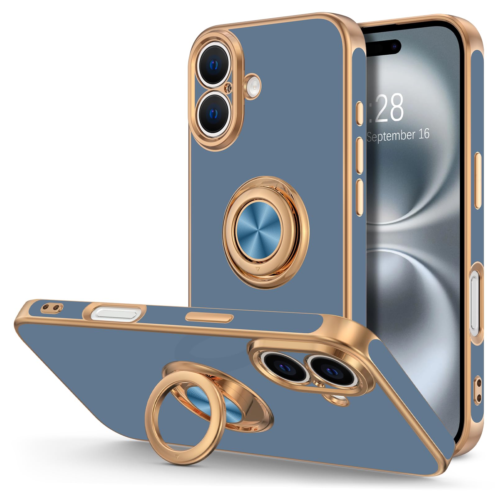 Hython for iPhone 16 Plus Case with Ring Stand, 360° Rotatable Ring Holder Magnetic Kickstand, Plating Rose Gold Edge Soft Cover Protective Phone Case