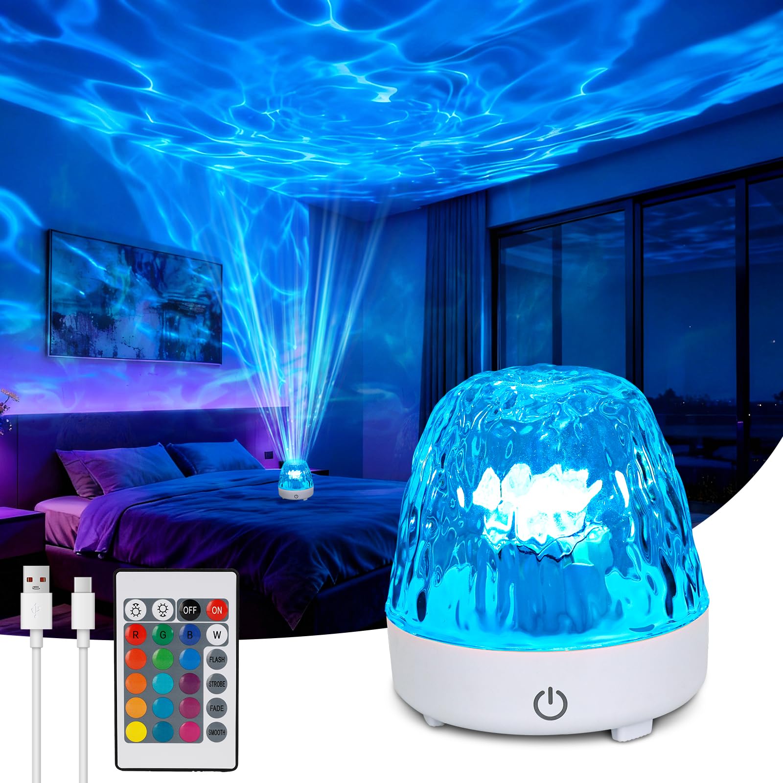 Wixwarmi White Galaxy Projector Night Light, 16 Colors Brightness Dimmable Rechargeable Ocean Lights Projectors, Sensory Lights With Remote Control, Ocean Wave Projector For Bedroom/Party/Game Room