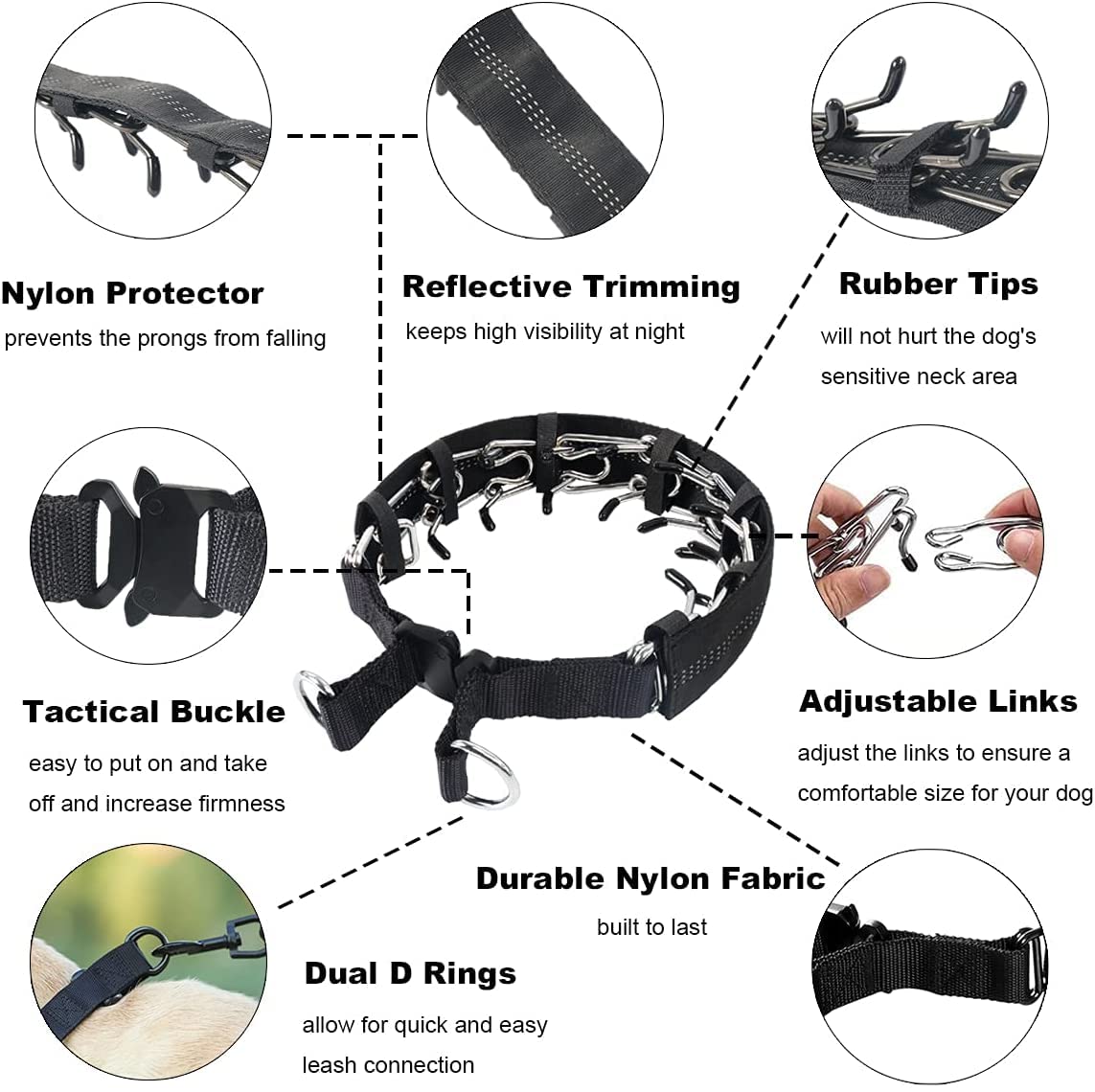 Collier de Dressage à Griffes pour Chien, Collier de chaîne réglable avec Embouts de Confort et Boutons-Pression à dégagement Rapide (XL)