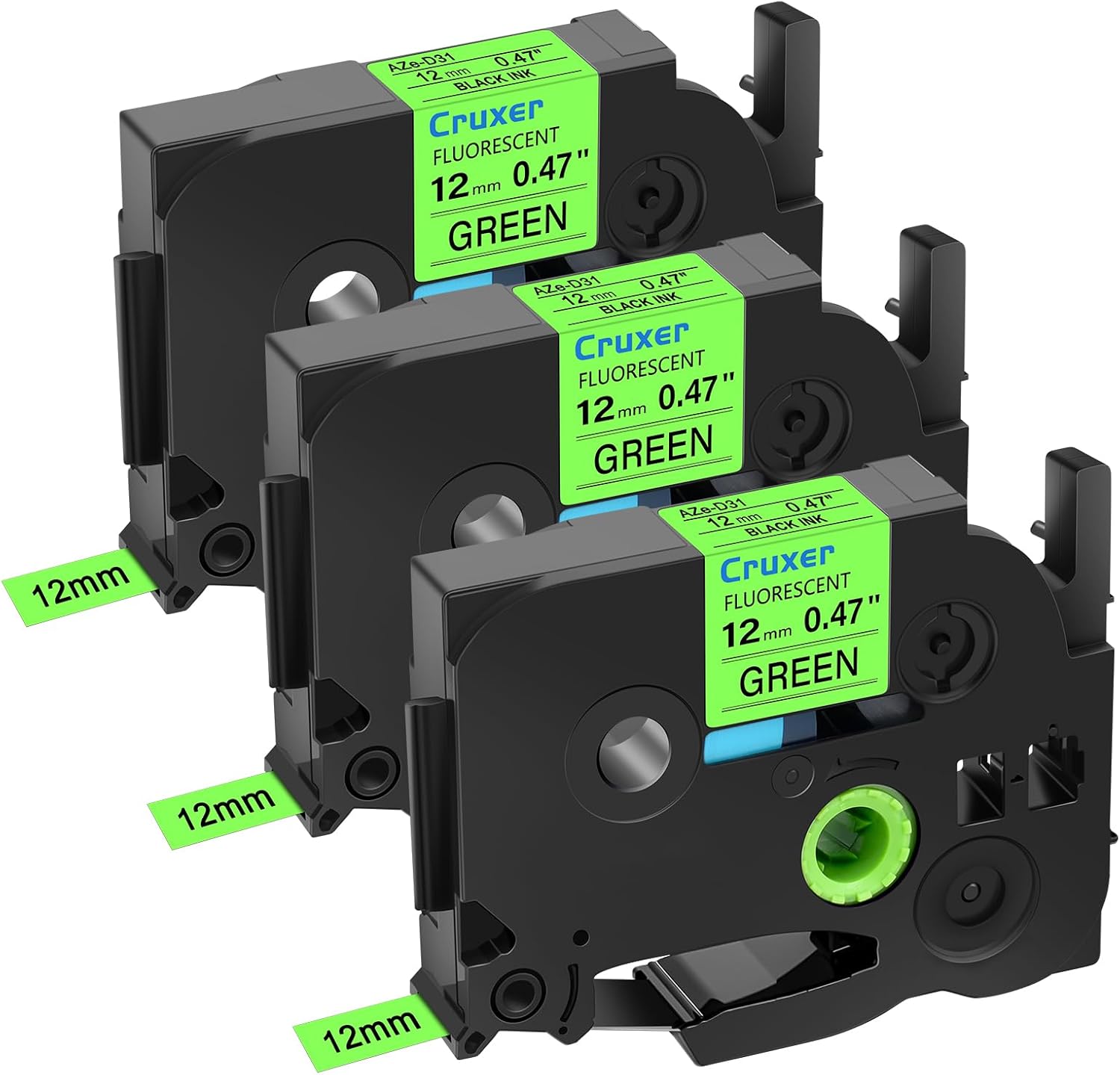 2-Pack Cruxer Replacement Label Tapes For P-Touch TZe-D31 - 0.47in Black On Green Fluorescent | Compatible With Brother PT-D210, D600 & More