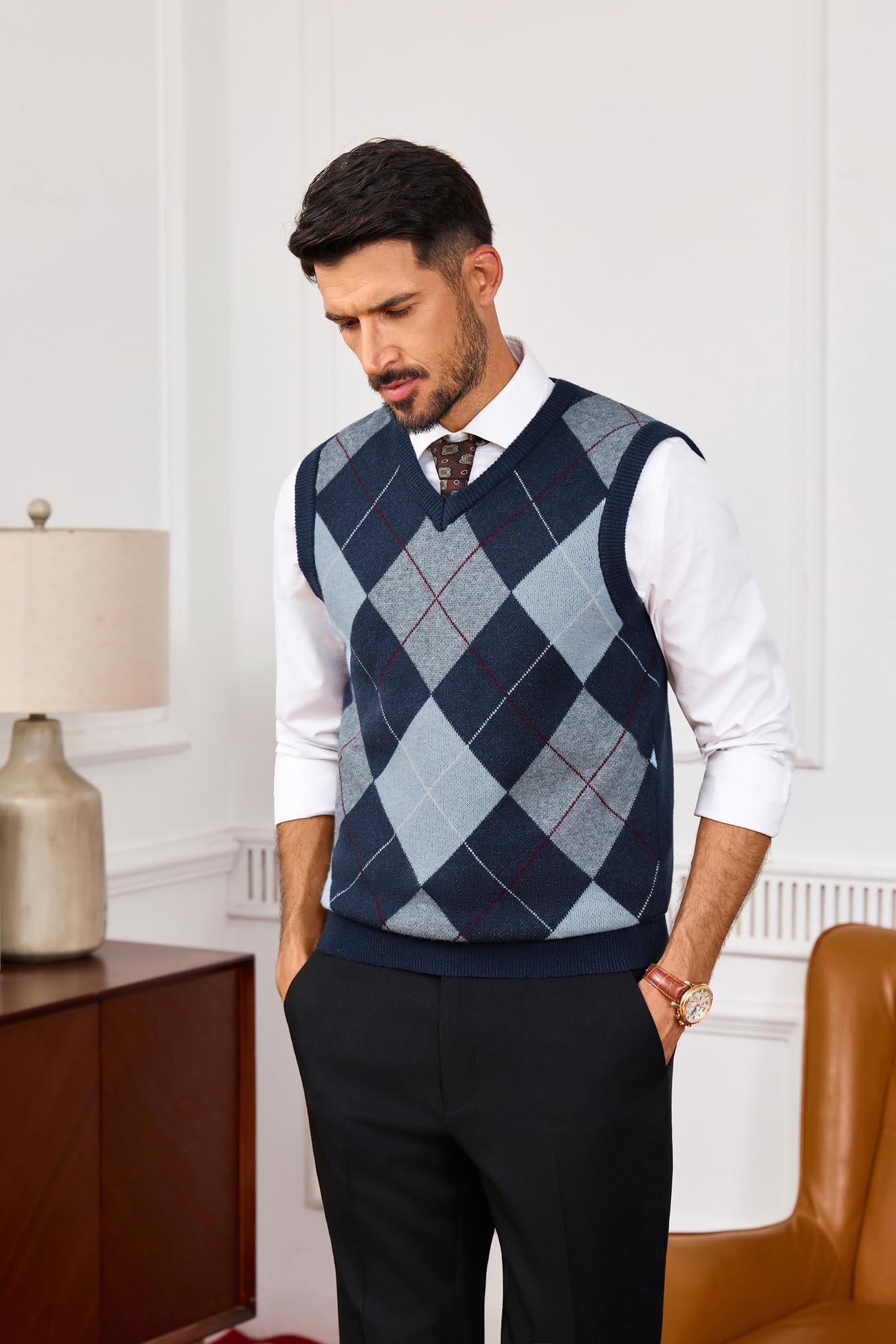 PJ PAUL JONES Pull en tricot sans manches pour homme avec col en V