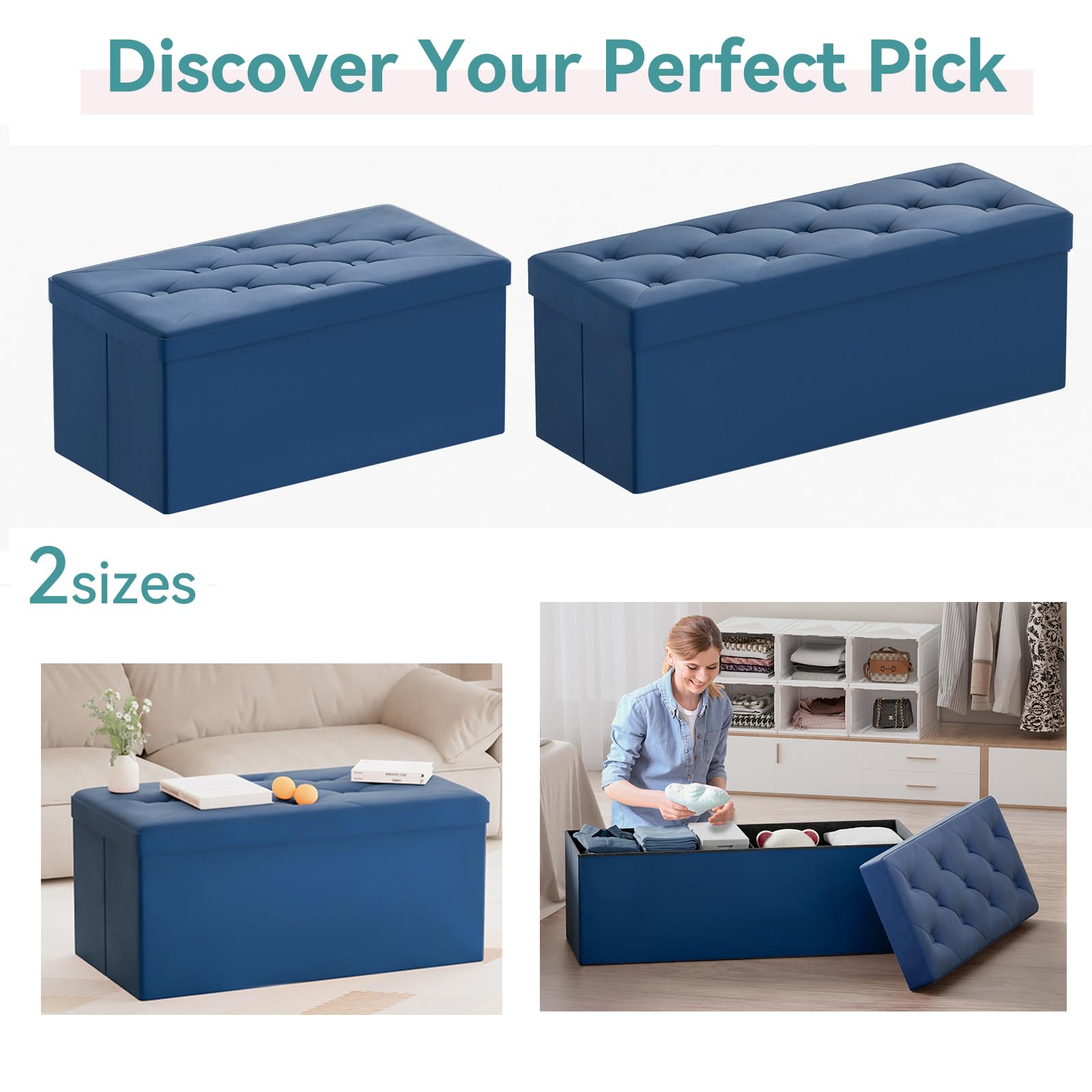 BRIAN & DANY Pouf Contenitore Pieghevole, Cassapanca Contenitore da Interno in Velluto, Puff Poggiapiedi Rettangolare Panca per Camera da Letto, 80x 40x 40 cm, Blu
